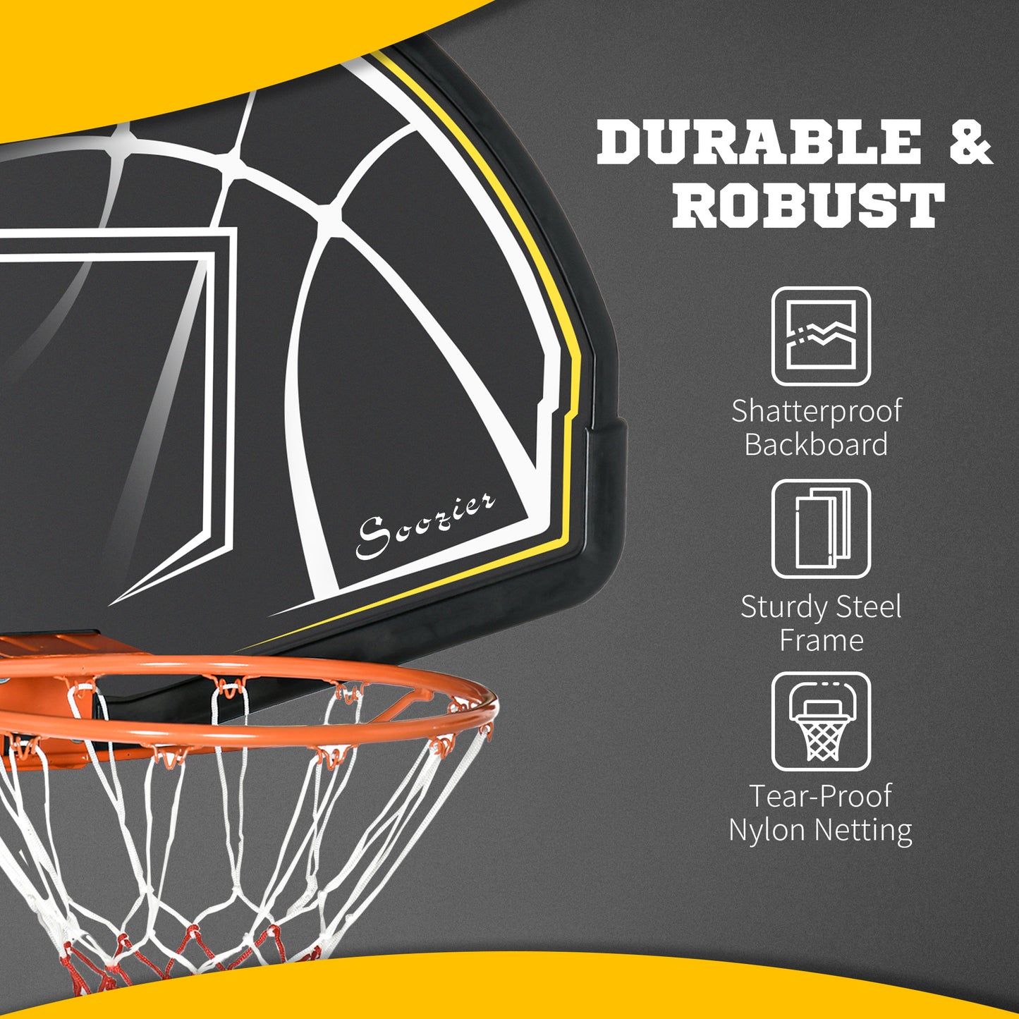 Soozier Wall Mounted Basketball Hoop with 43'' x 30'' Shatter Proof Backboard, for Indoor and Outdoor, Black