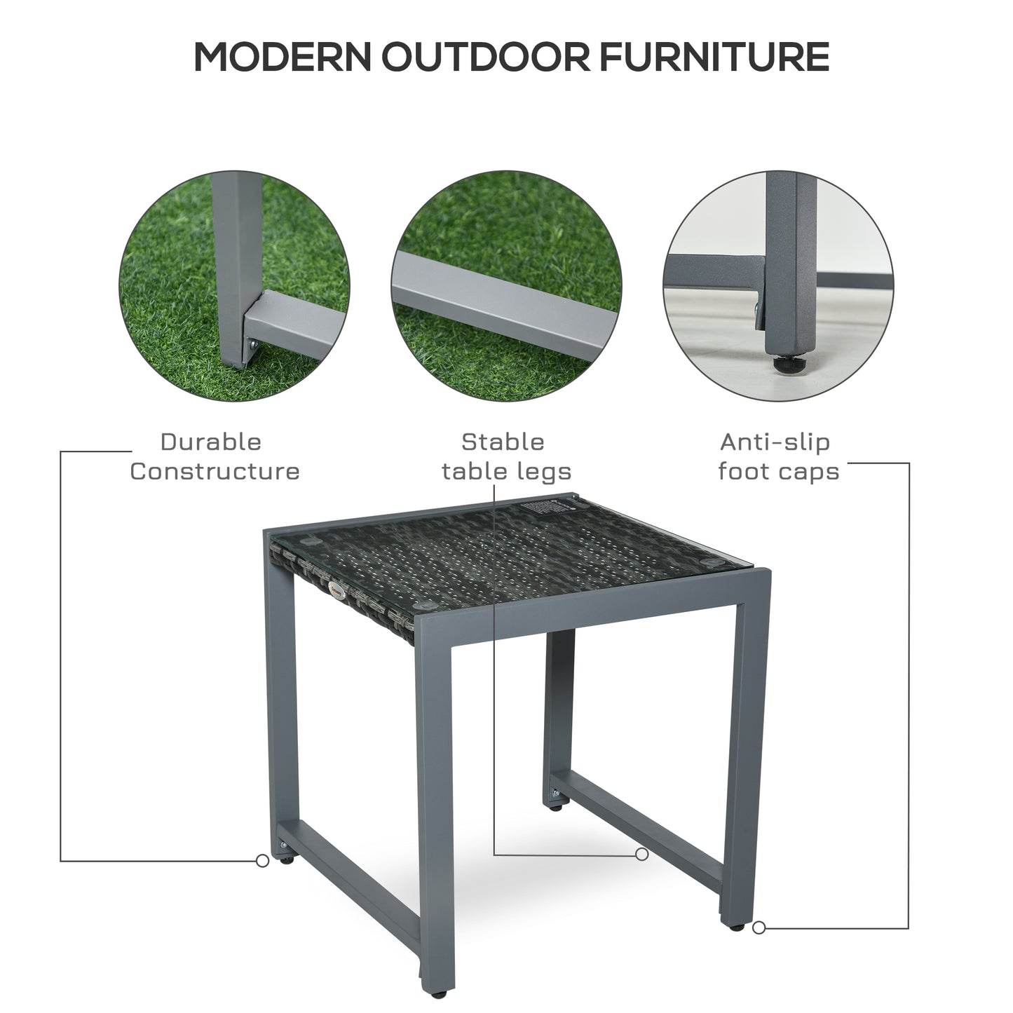 Outsunny Rattan Coffee Table, Wicker Patio Side Table with Tempered Glass Top and Aluminum Frame for Outdoor, Garden, Gray
