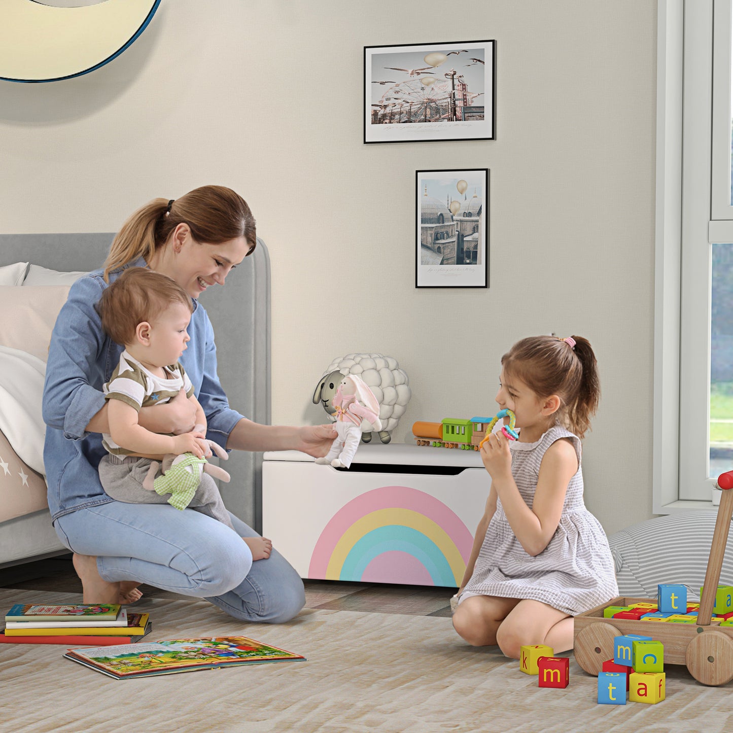 Qaba Toy Chest, Kids Toy Bench Box, Lightweight Storage Bench with Lid and Side Handles, for Nursery Room Playroom Bedroom, Gift for 3-8 Years Old, White