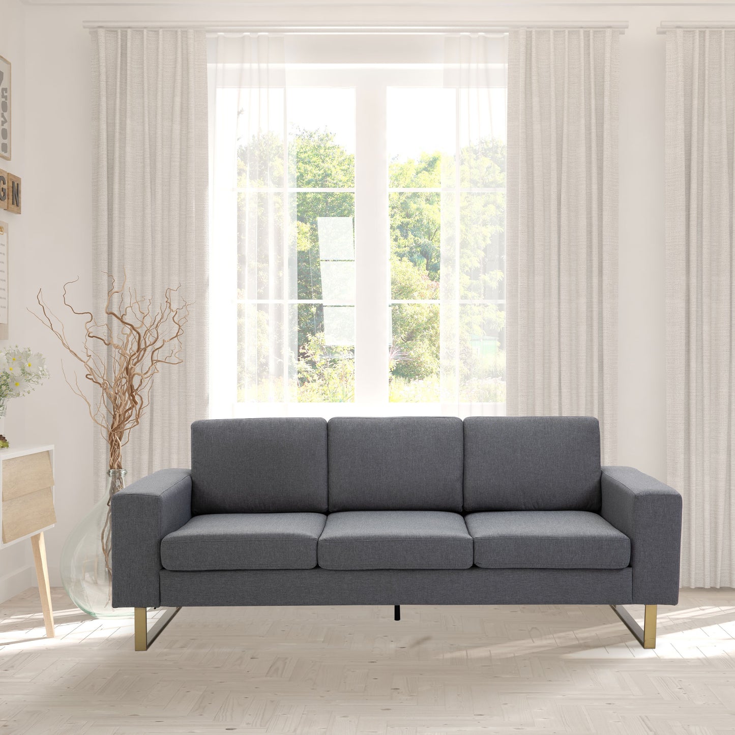 HOMCOM 3 Seater Sofa, Linen Upholstered Cozy Padded Couch with Steel Leg, Backrest and Wide Armrest, for Living room, Bedroom, Grey