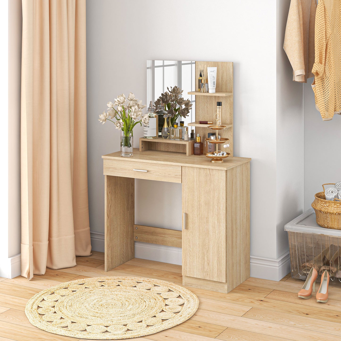 HOMCOM Dressing Table, Vanity Table with Mirror, Drawer and Storage Shelves for Bedroom, 35.4" x 15" x 54.3", White