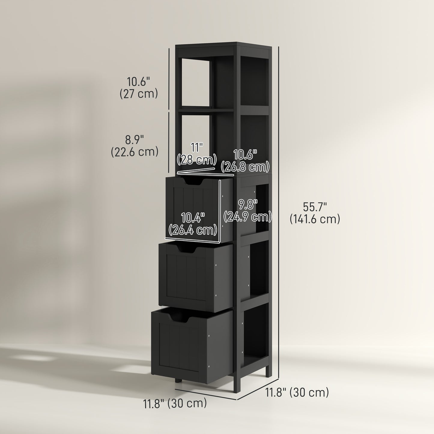 kleankin Narrow Bathroom Cabinet with 3 Drawers and 2 Tier Shelf, Tall Cupboard Freestanding Linen Tower, White