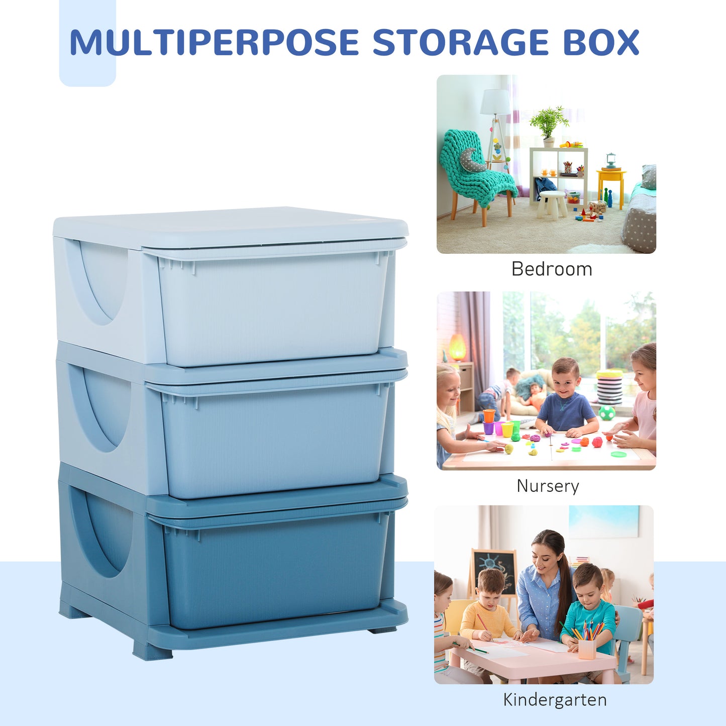 Qaba 3 Tier Kids Toy Organizer and Storage Bins with 3 Plastic Drawers, Blue