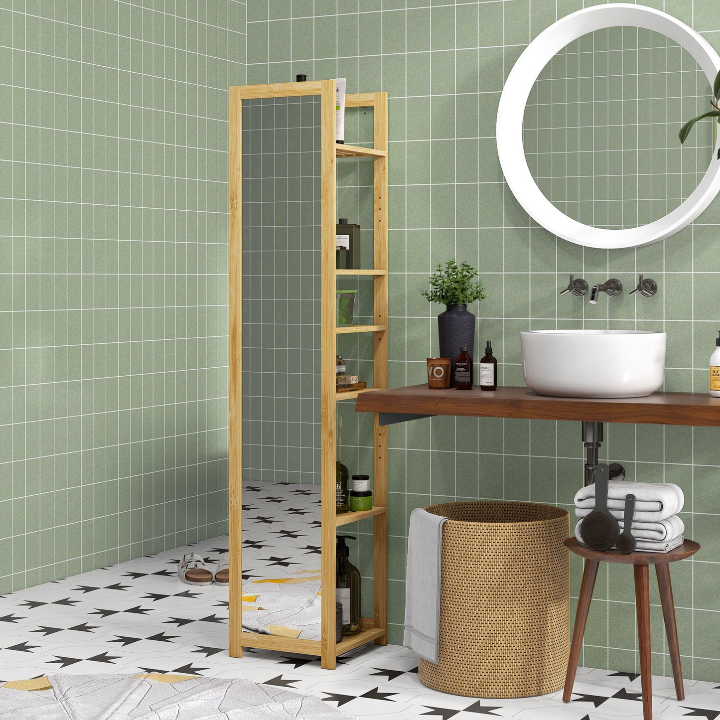 HOMCOM 66" x 14" Standing Mirror with 6-Tier Shelf, Floor Mirror Full Body Mirror for Bathroom, Living Room, Nature Wood