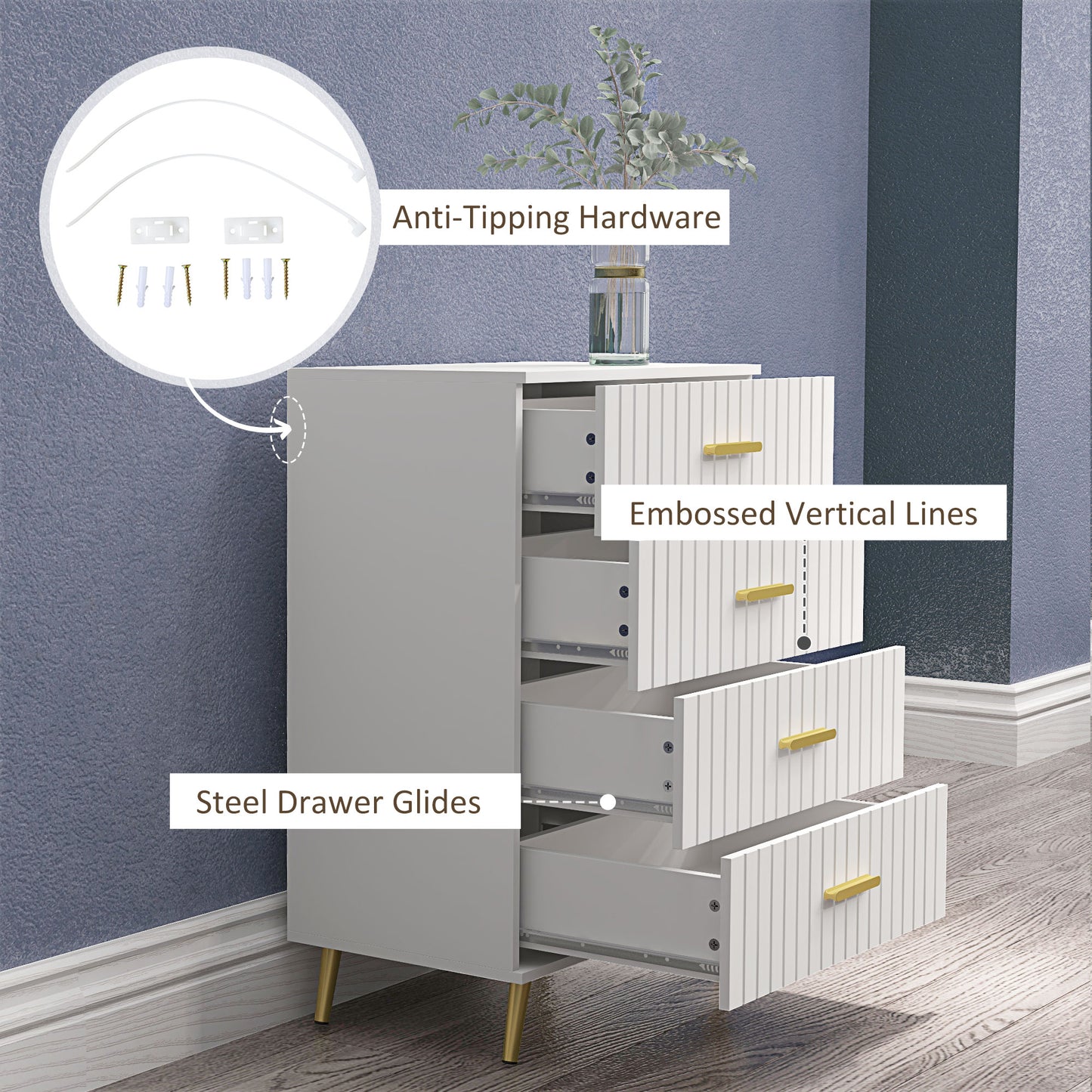 HOMCOM 3 Drawer Cabinet, Drawer Chest for Bedroom, Chest of Drawers with Aluminium Legs and Gold Handles, Dark Grey