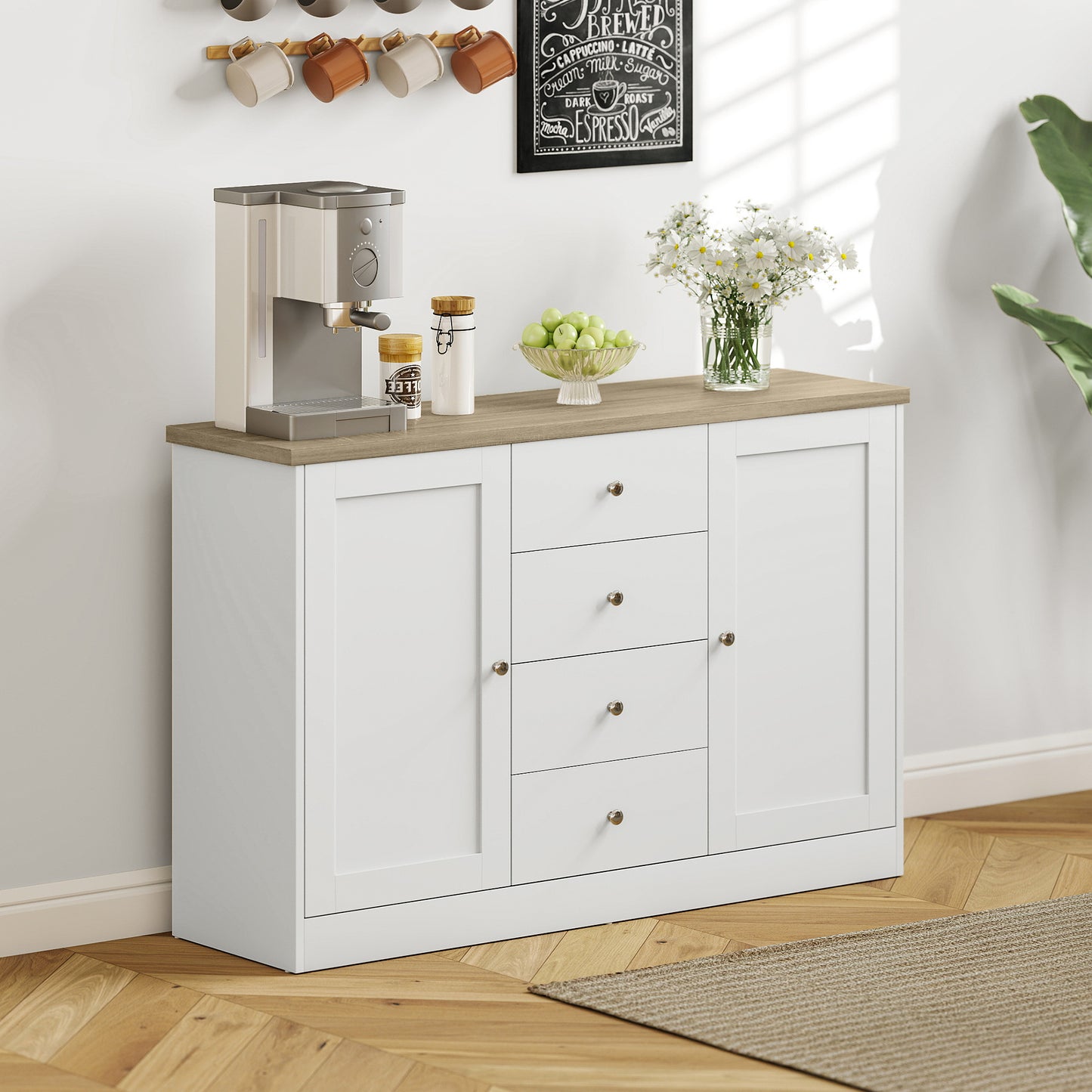 HOMCOM Country Style Sideboard Buffet Cabinet, Coffee Bar Cabinet with Adjustable Shelf, 2 Shaker Doors and 4 Drawers, White