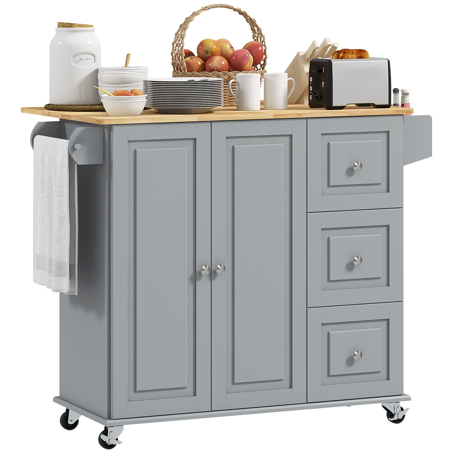 HOMCOM Kitchen Island with Drop Leaf, Rolling Kitchen Cart on Wheels with 3 Drawers, Cabinet, Natural Wood Top, Spice Rack and Towel Rack, White
