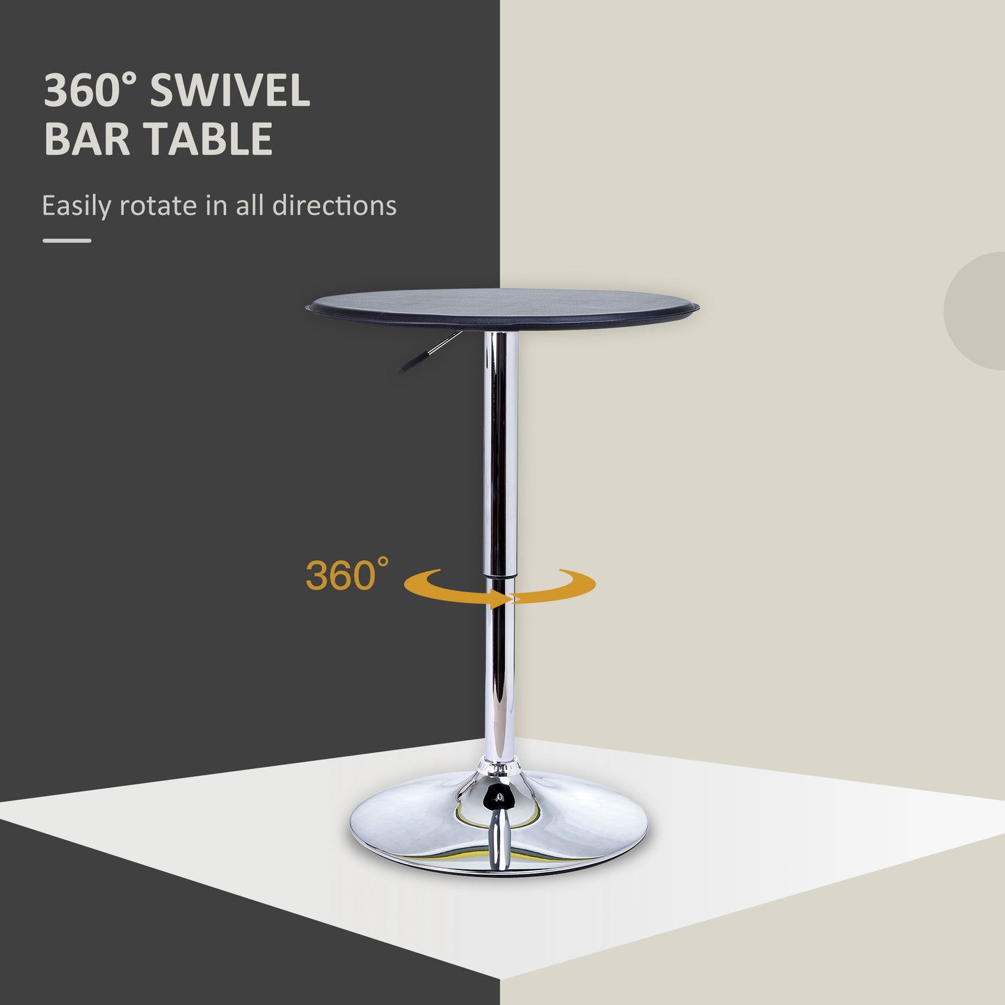HOMCOM Modern Round Bar Table Adjustment Height Home Pub Bistro Desk Faux Leather Covered Wooden Top Chrome Base Black