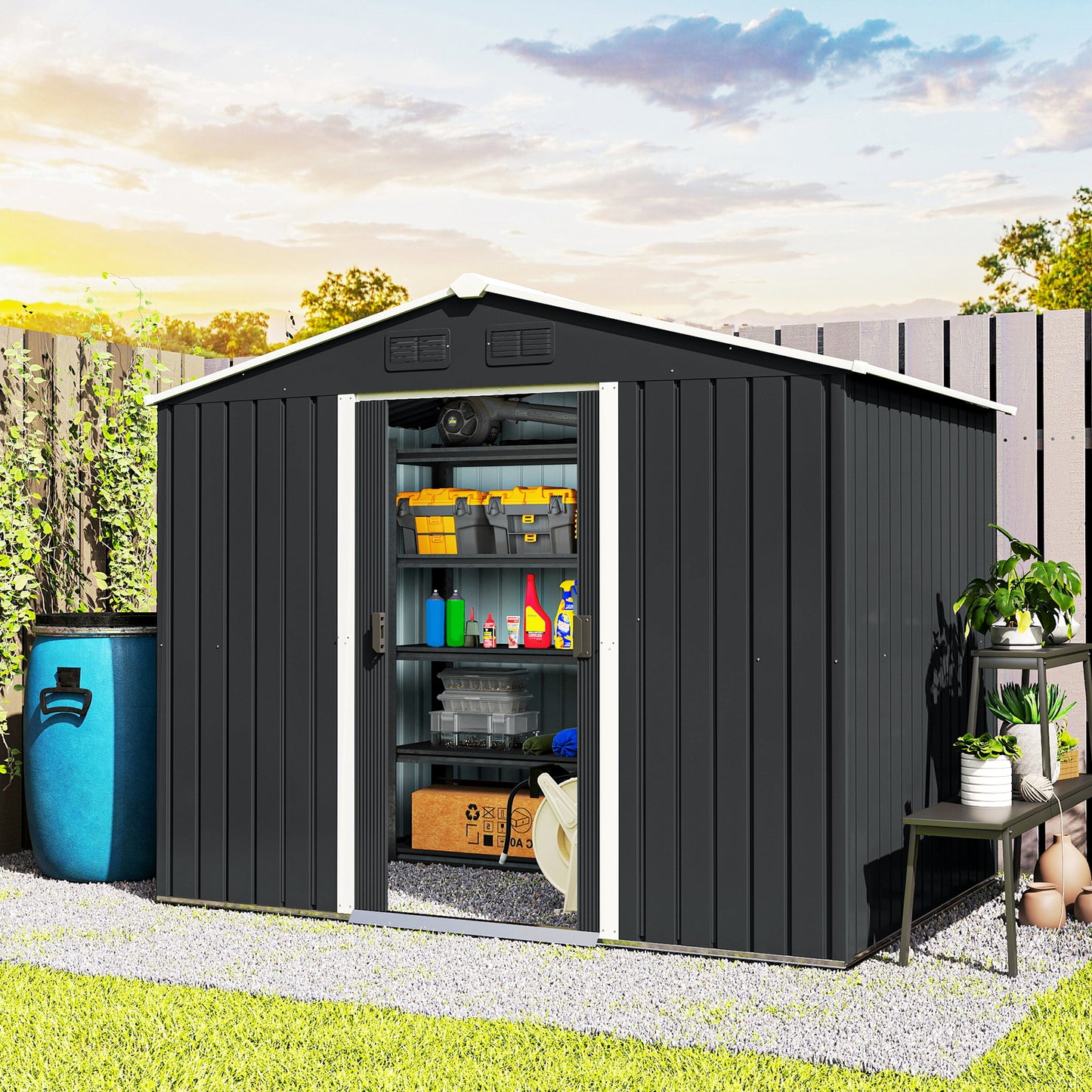 Outsunny 8' x 6' Outdoor Storage Shed, Metal Garden Tool Storage House with Lockable Sliding Doors and Vents for Backyard Patio Lawn, Charcoal Grey