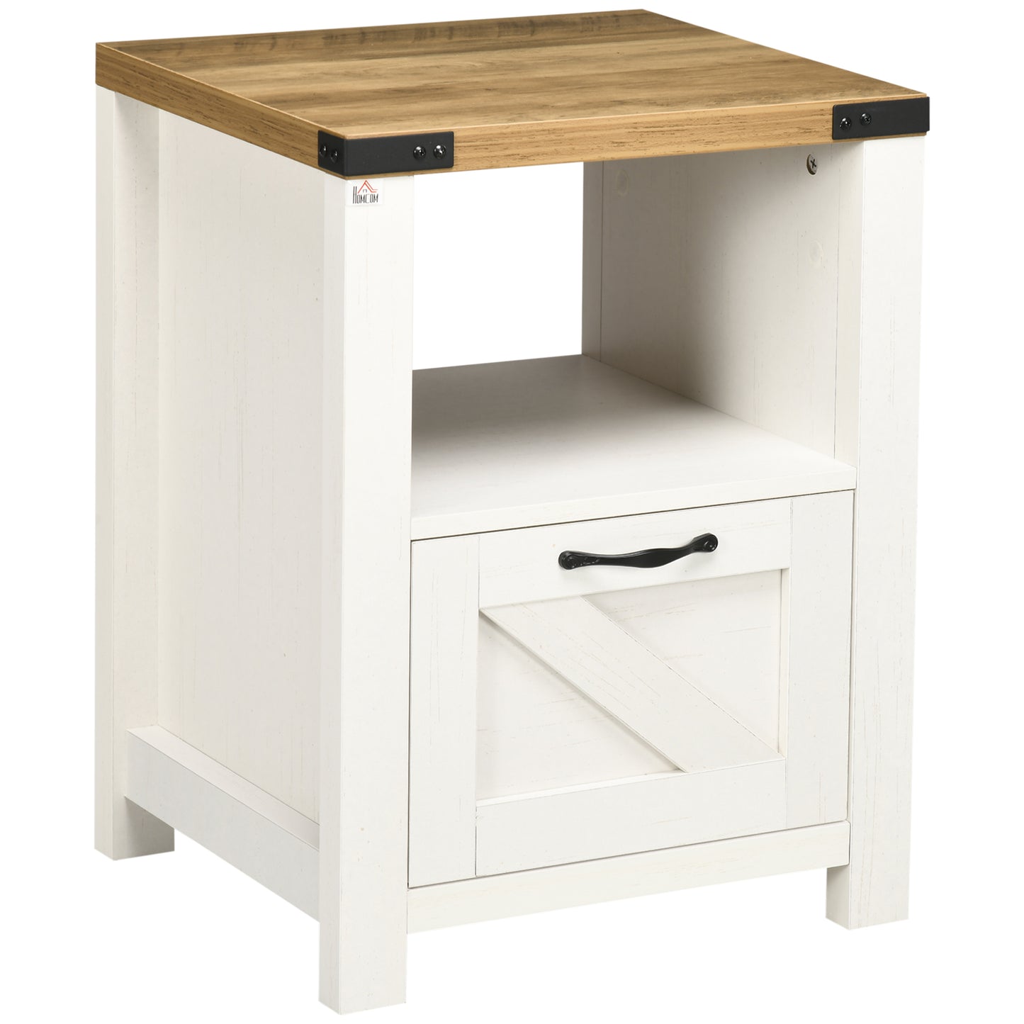 HOMCOM Side Table with Storage, Farmhouse End Table with Drawer, Open Shelf and Barn-style Panel, Nightstand for Living Room, Bedroom, Oak