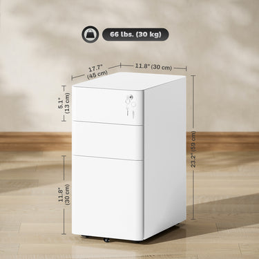 Vinsetto 3 Drawer Filing Cabinet, Lockable Steel Office Storage Cabinet with Hanging Bar for Letter, A4, Legal Files, White