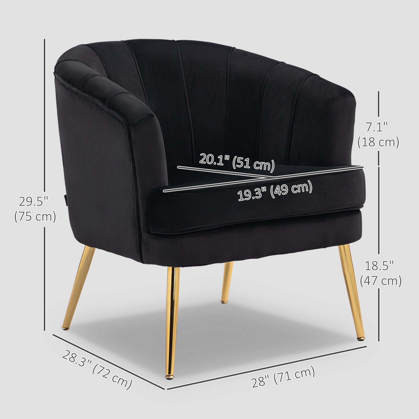 HOMCOM Fabric Armchair, Modern Accent Chair with Gold Metal Legs for Living Room, Bedroom, Home Office, Grey