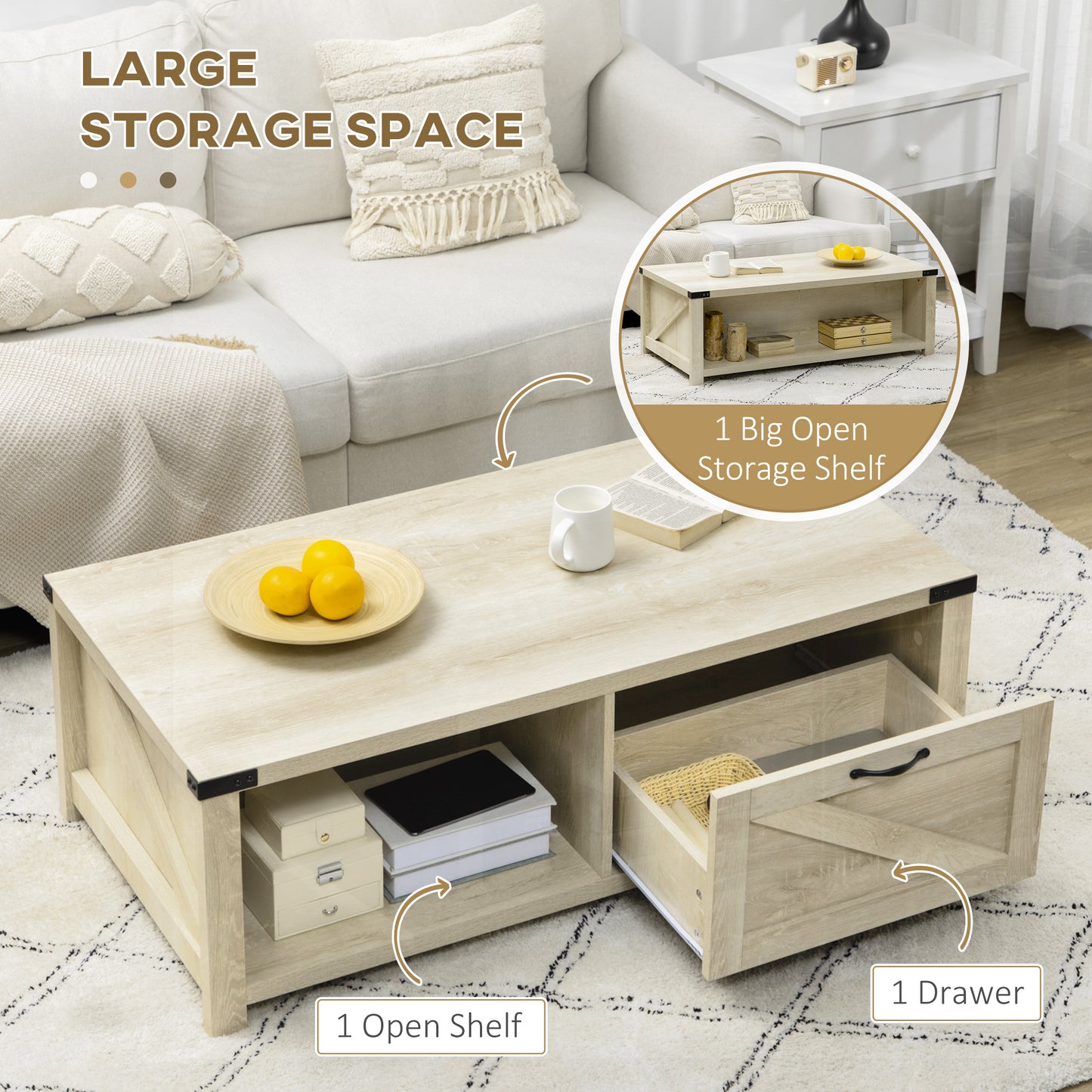 HOMCOM Industrial Coffee Table Side End Table with Drawer, Open Storage Shelf, Modern Farmhouse Furniture, for Living Room, Dining Room, Office, White Oak