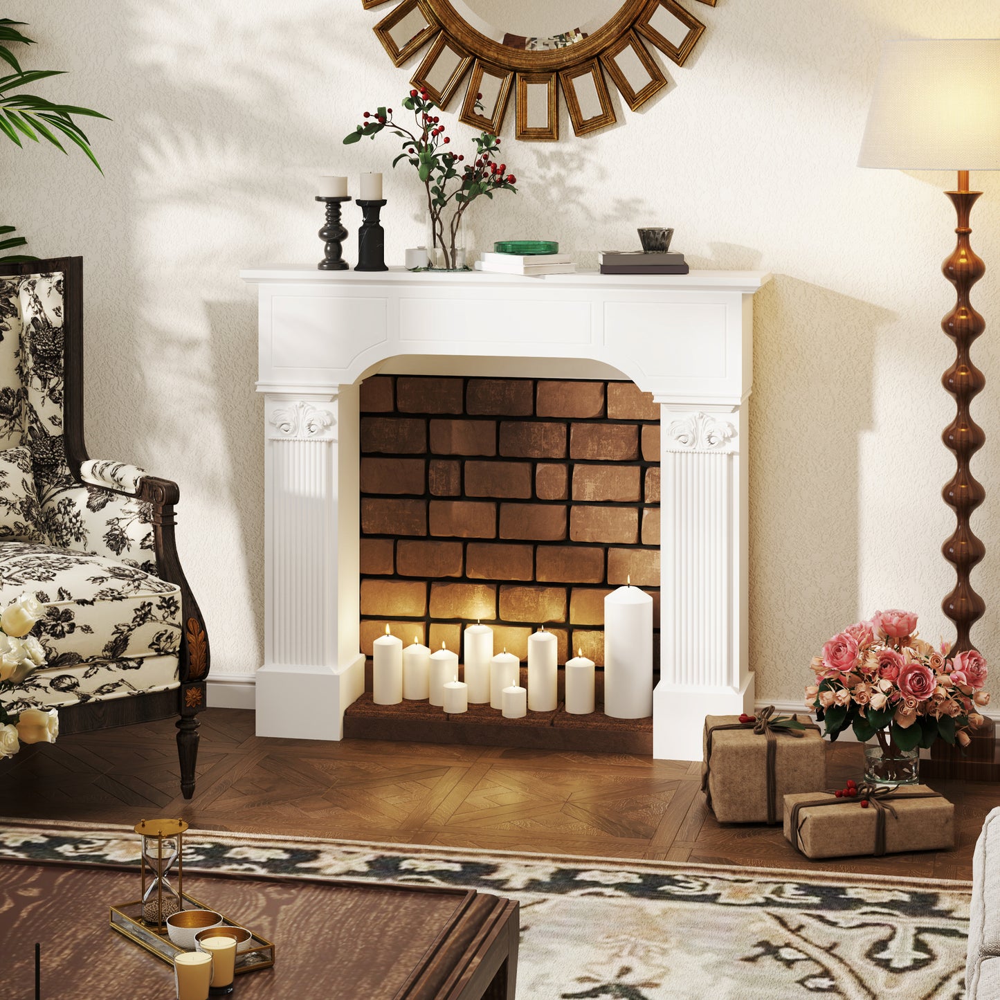 HOMCOM Baroque Fireplace Mantle, Freestanding Fireplace Surround for Electric Fireplaces, 43.25 Inch x 42.75 Inch, White