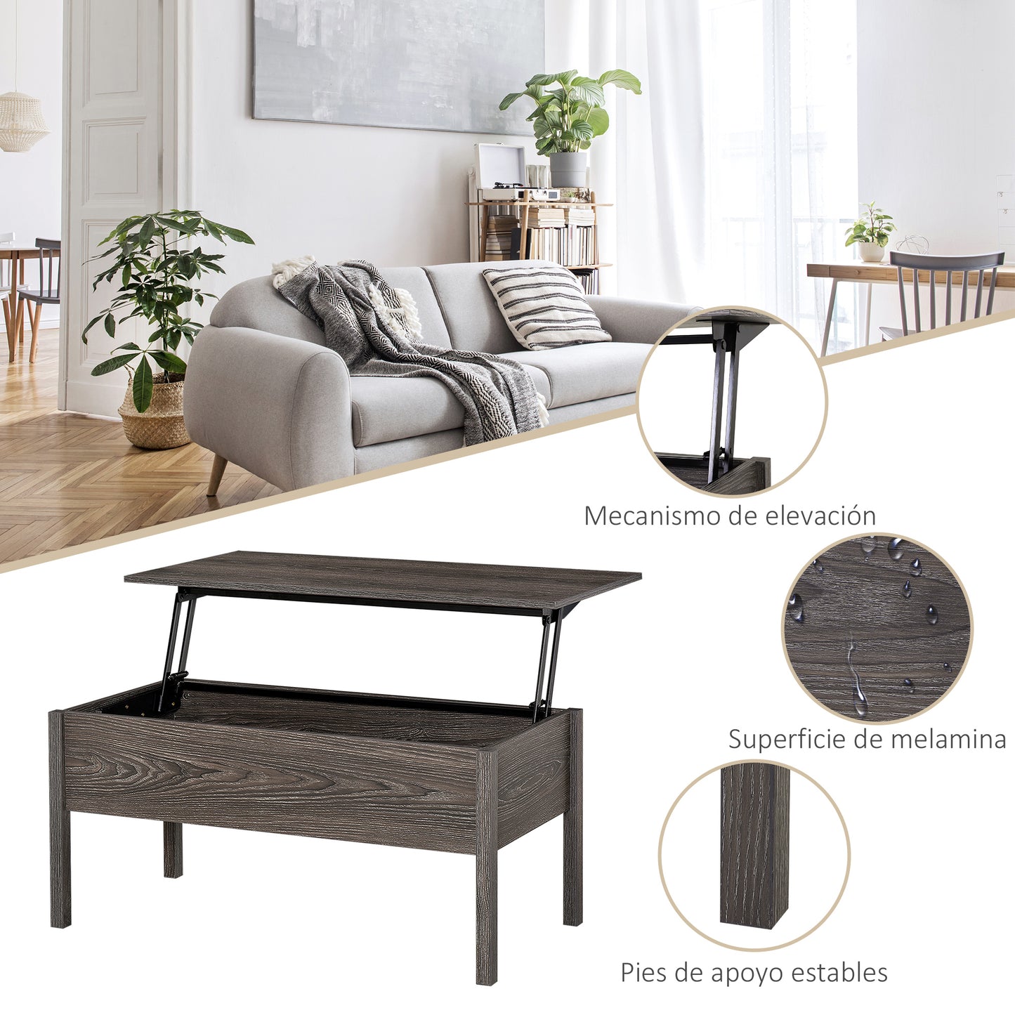 HOMCOM 39" Modern Lift Top Coffee Table with Hidden Storage Compartment, Center Table for Living Room, Grey