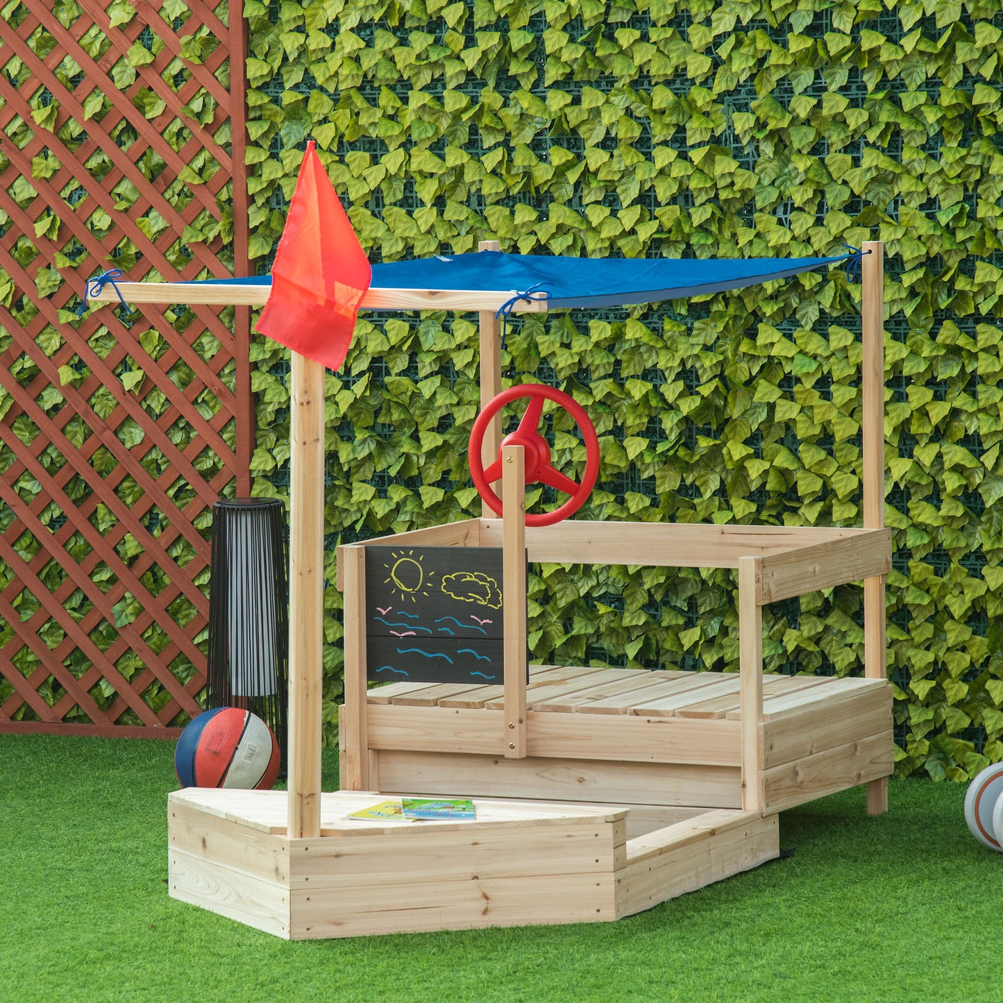 Outsunny Kids Wooden Sandbox with Cover, Foldable Sandpit, Covered Children Sand Boat Outdoor, w/Flag, Bottom Liner, for 3-8 Years Old, Natural Wood