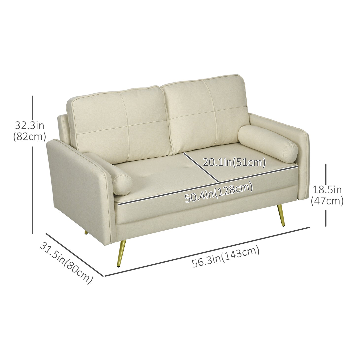 HOMCOM 56" Loveseat Sofa for Bedroom Upholstered 2 Seater Couch with Back Cushions and Pillows, Blue