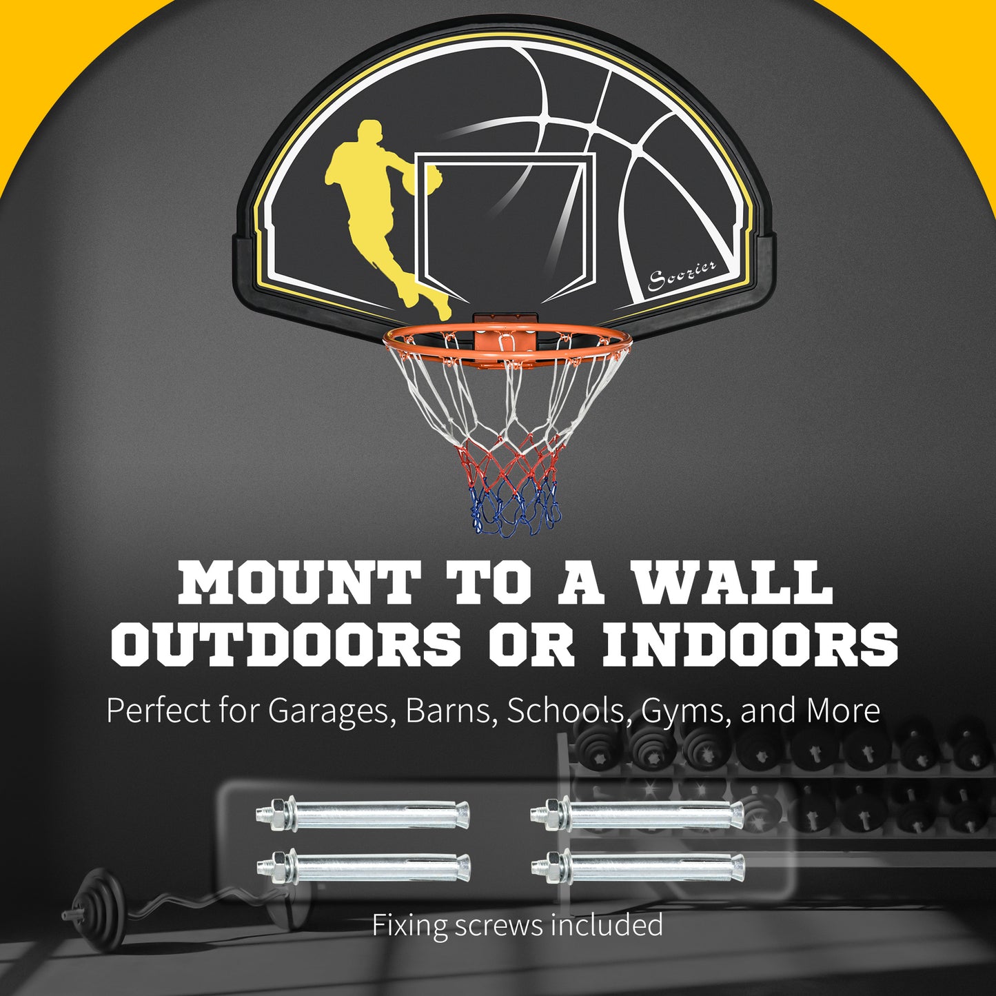Soozier Wall Mounted Basketball Hoop with 43'' x 30'' Shatter Proof Backboard, for Indoor and Outdoor, Black