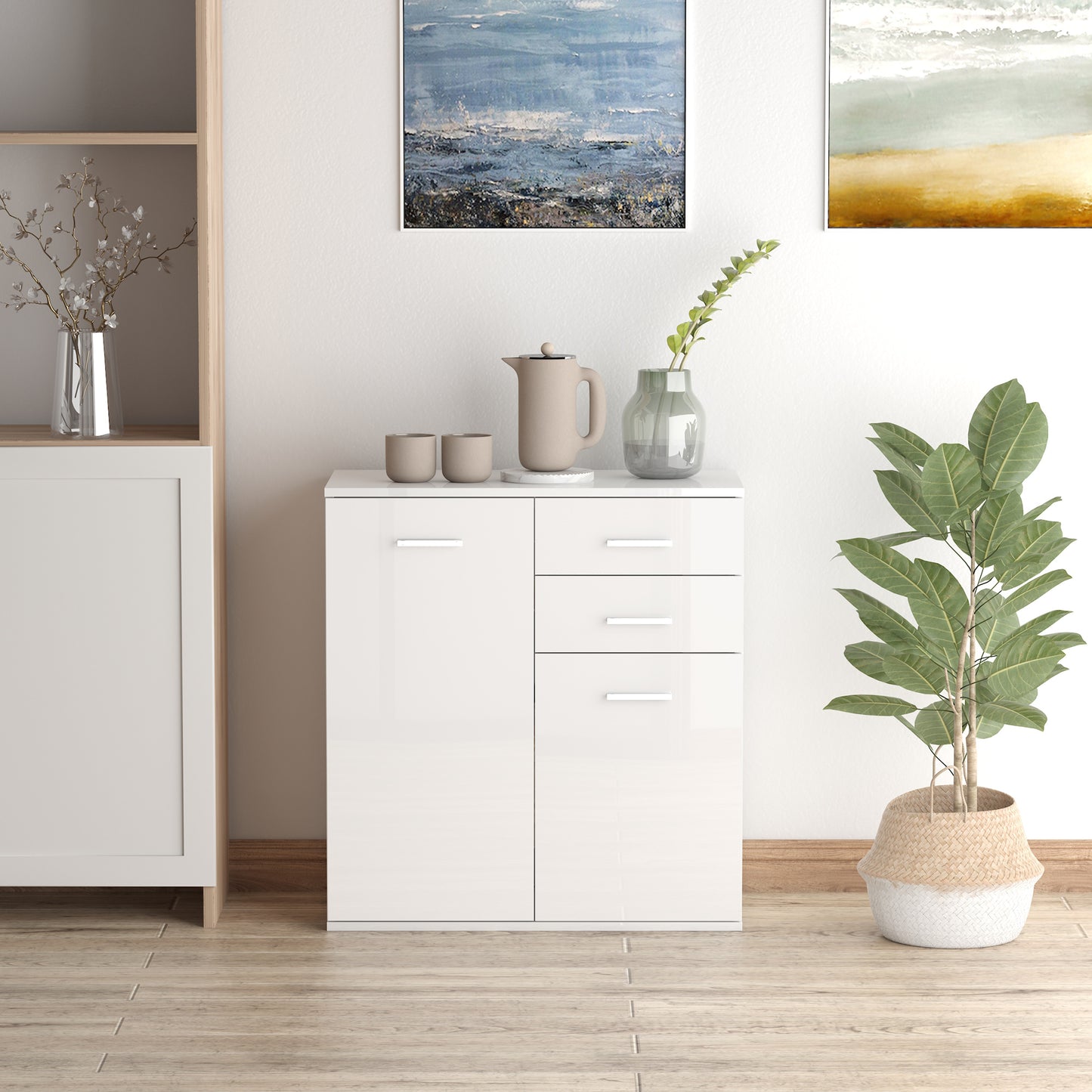 HOMCOM High Gloss Sideboard with 2 Drawers and 2 Doors, Buffet Cabinet with Adjustable Shelf, Coffee Bar Cabinet with Storage, White