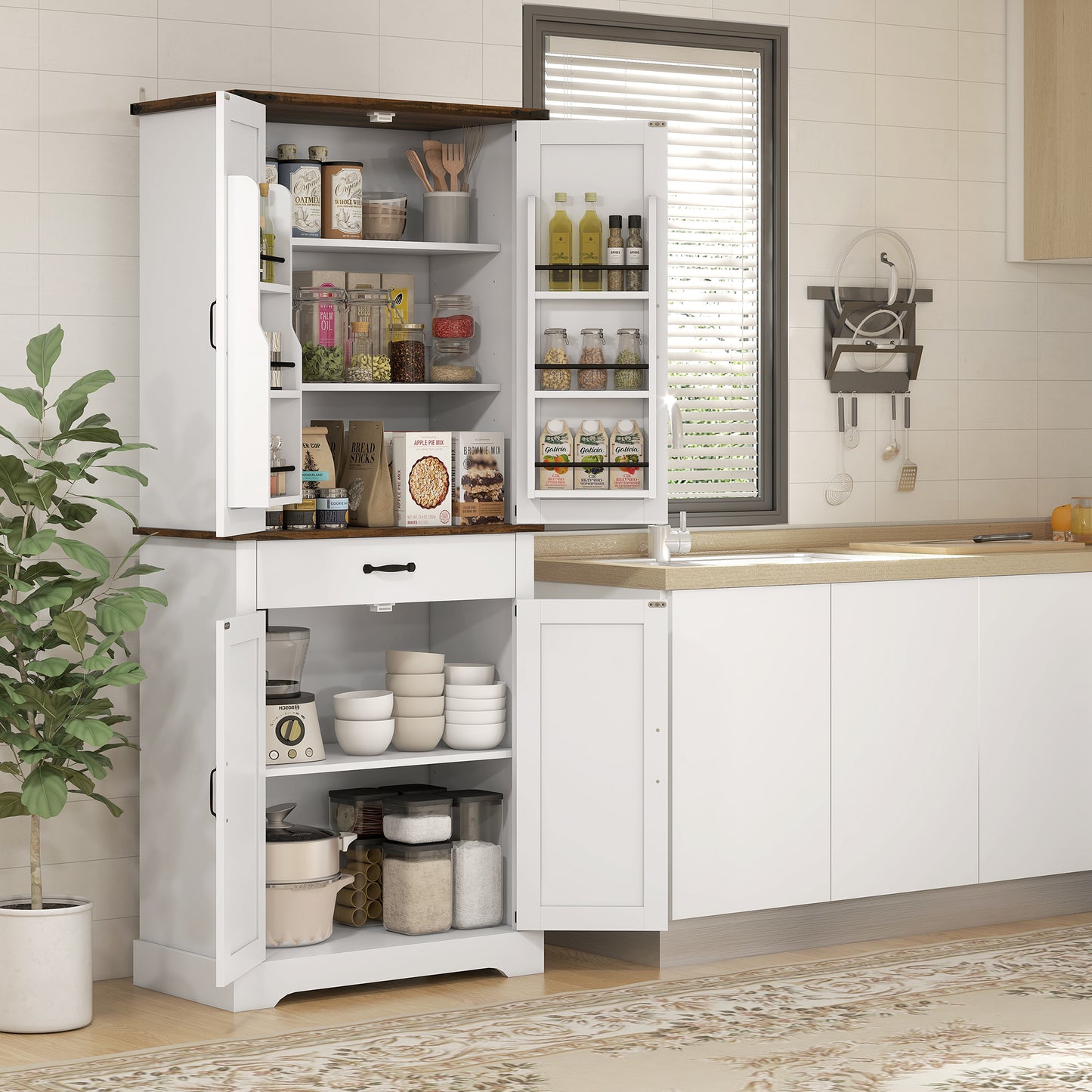HOMCOM 71" Tall Kitchen Cabinet, Farmhouse Pantry Cabinet with Barn Doors, Drawer and Adjustable Shelves, White