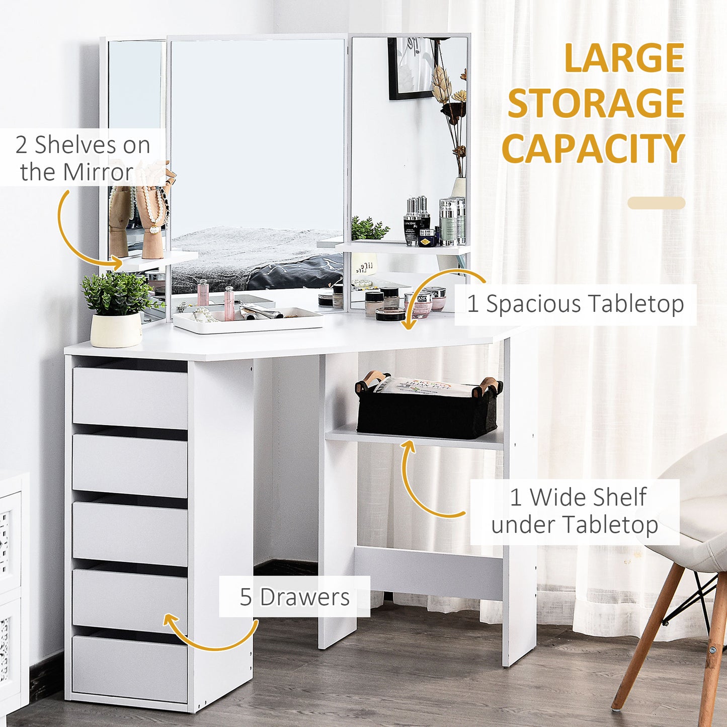 HOMCOM Corner Vanity Desk with Mirror, Makeup Vanity Table with 5 Drawers and Open Shelves, Dressing Table with 3-piece Mirror for Bedroom, Black