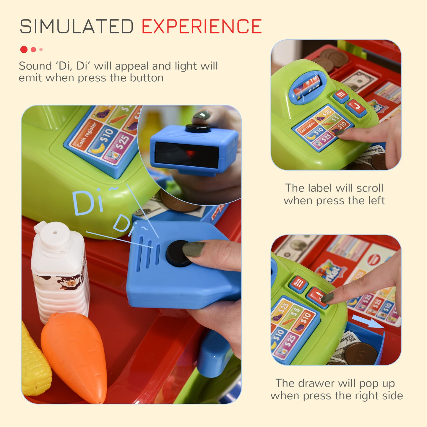Qaba Kid Supermarket Fun Playset Grocery Store Pretend Play Toy with Shopping Cart Working Scanners Cash Register Accessories Light & Sound Gift for Boys and Girls Age 3-6 Years