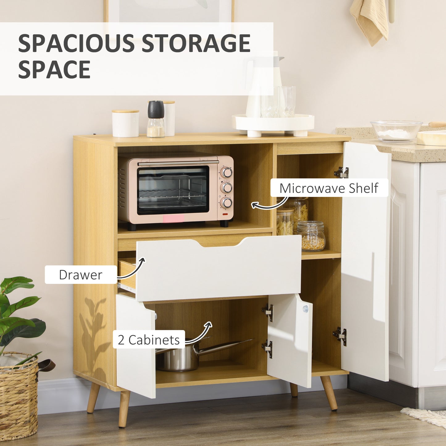 HOMCOM Modern Microwave Stand, Microwave Cabinet with Drawer, Storage Cupboards and Cable Hole for Kitchen, Dining Room, White