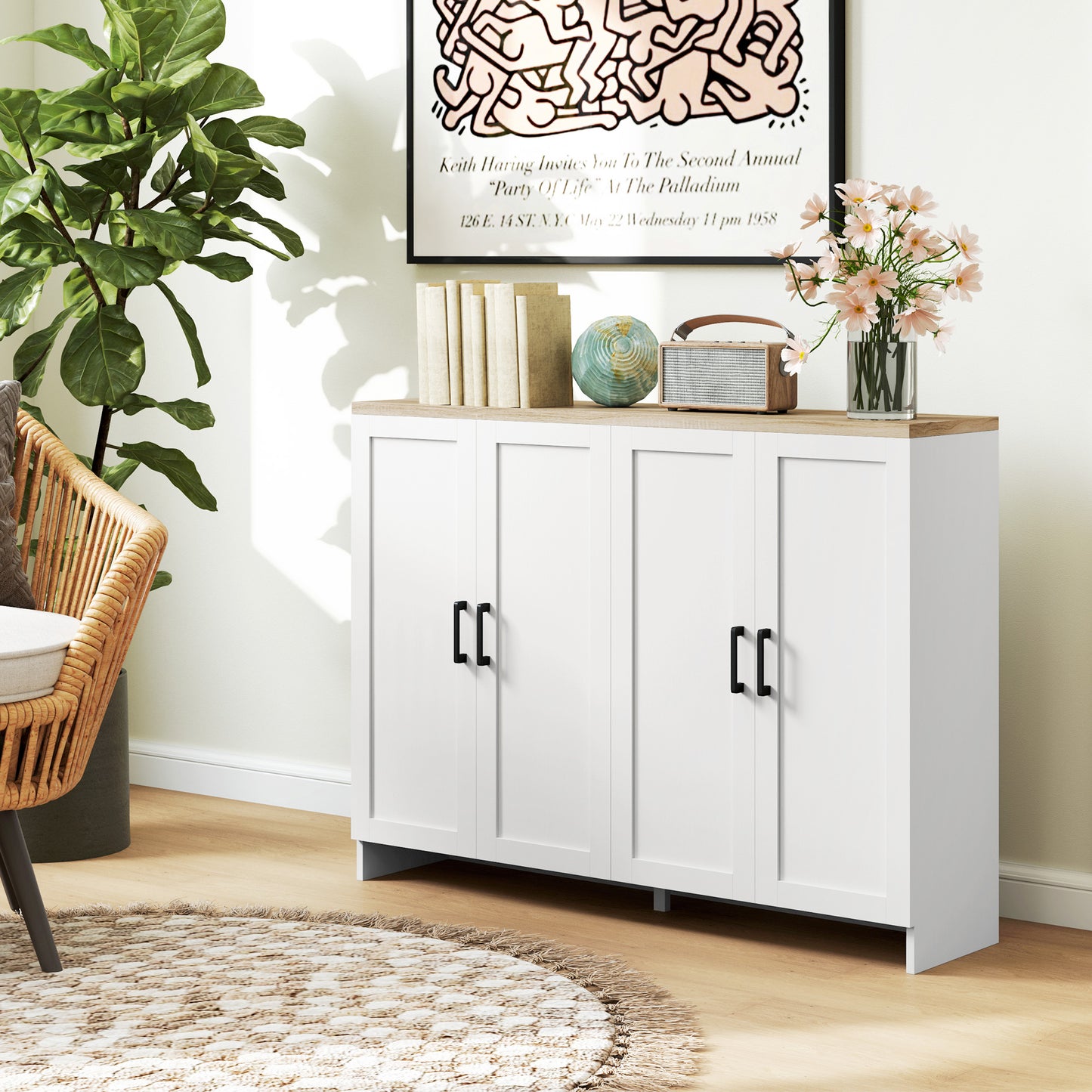 HOMCOM Modern Sideboard Buffet Cabinet, Modern Kitchen Storage Cabinet with 3 Doors Adjustable Shelves, for Dining Room, White