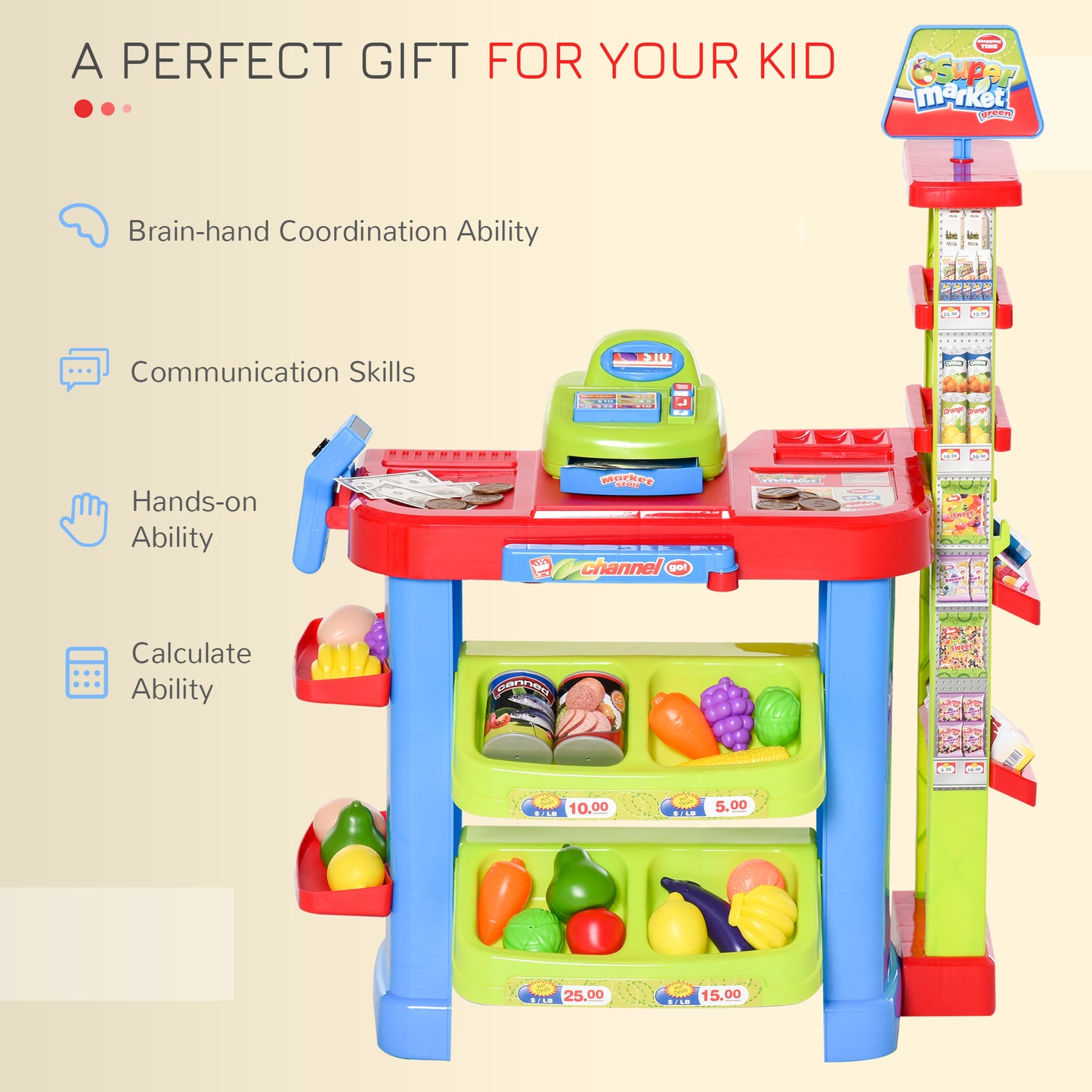 Qaba Kid Supermarket Fun Playset Grocery Store Pretend Play Toy with Shopping Cart Working Scanners Cash Register Accessories Light & Sound Gift for Boys and Girls Age 3-6 Years