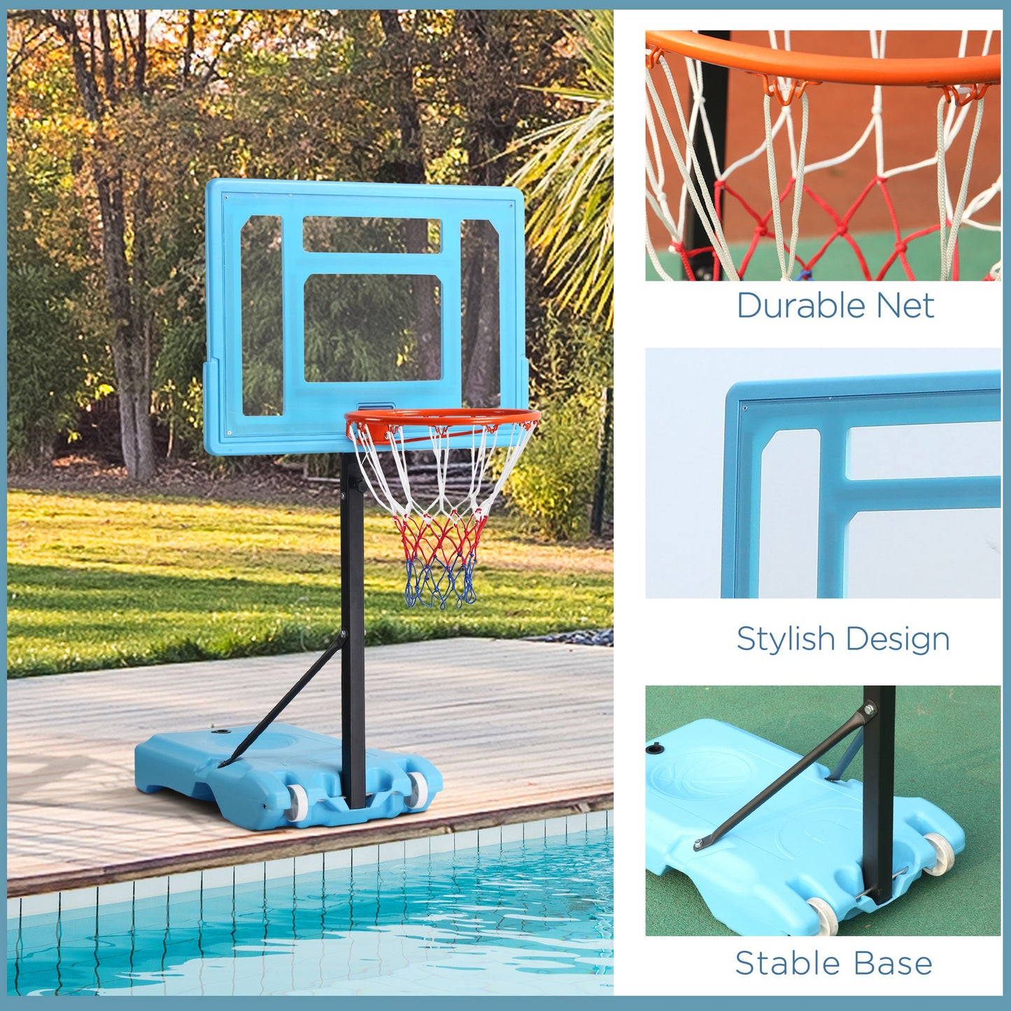 HOMCOM 51"-64" Height Adjustable Basketball System Poolside Hoop Stand Portable with Wheels