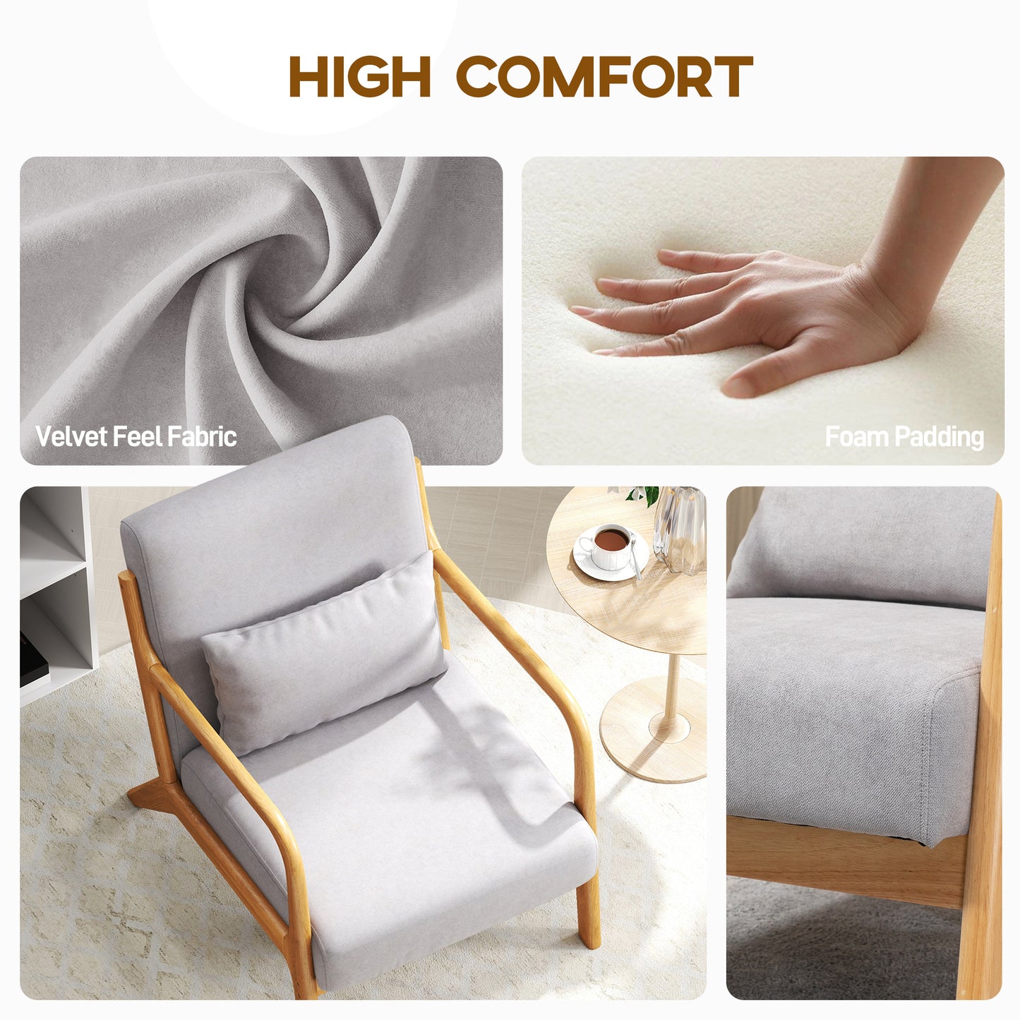 HOMCOM Armchair Upholstered Lounge Chair with Rubber Wood Frame Throw Pillows and Comfortable Cushion, White