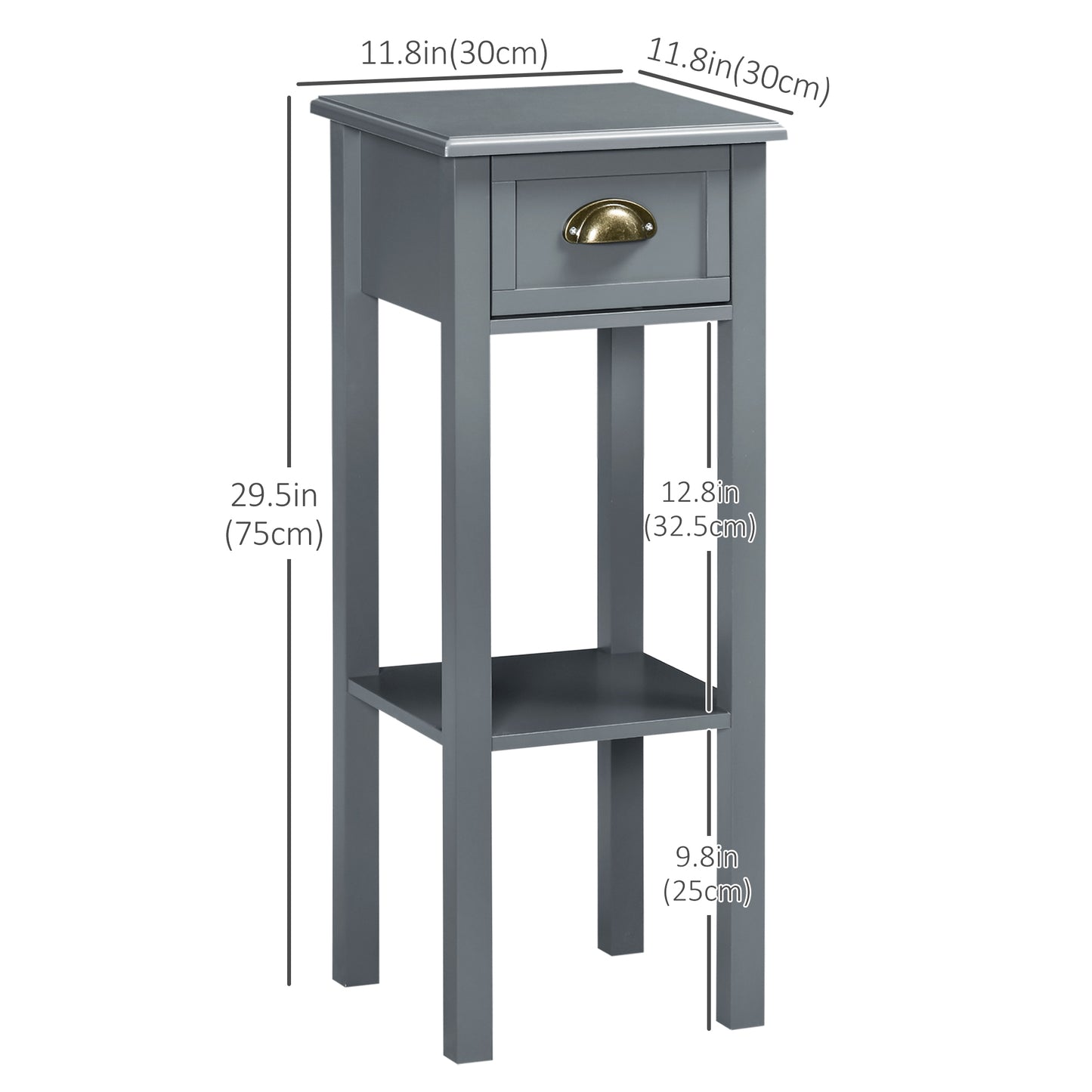 HOMCOM 2 Tier Side Table, Set of 2, Narrow Tall End Table with Drawer and Shelf, Slim Wooden Nightstand for Living Room, Bedroom, Hallway, White