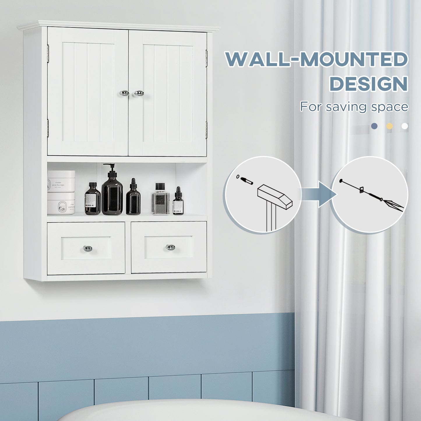 kleankin Bathroom Wall Cabinet, Medicine Cabinet, Over Toilet Storage Cabinet with Shelf and Drawers for Hallway, Living Room, White