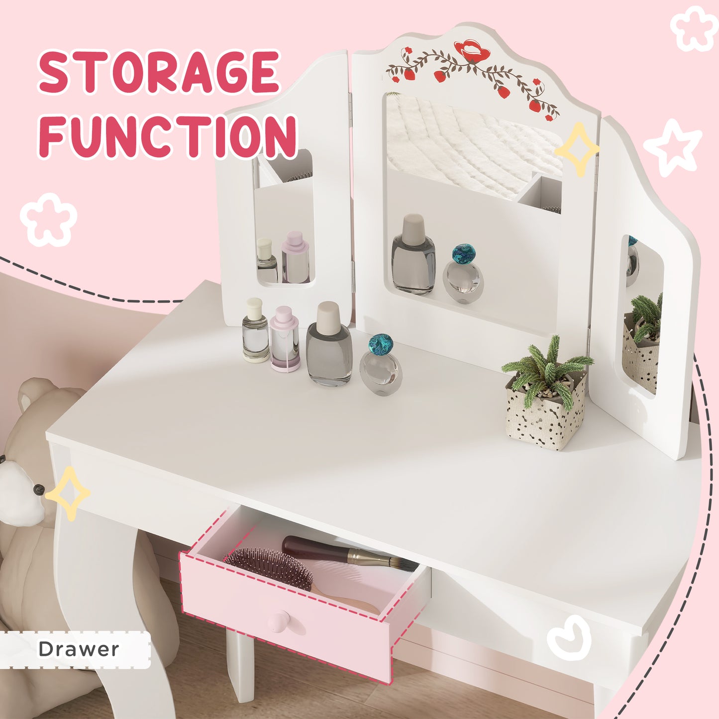 Qaba Kids Vanity Set, Dual-Use Dressing Table with Removable Tri-Folding Mirror and Drawer, for Ages 3-8, Pink