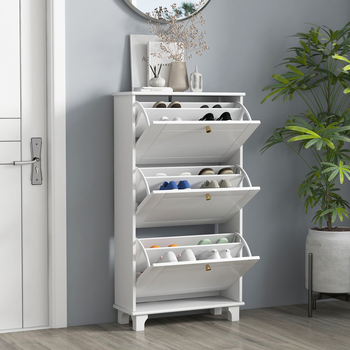 HOMCOM Narrow Shoe Storage with 3 Flip Drawers and Adjustable Shelves, Shoe Cabinet Organizer for 12 Pairs of Shoes, White