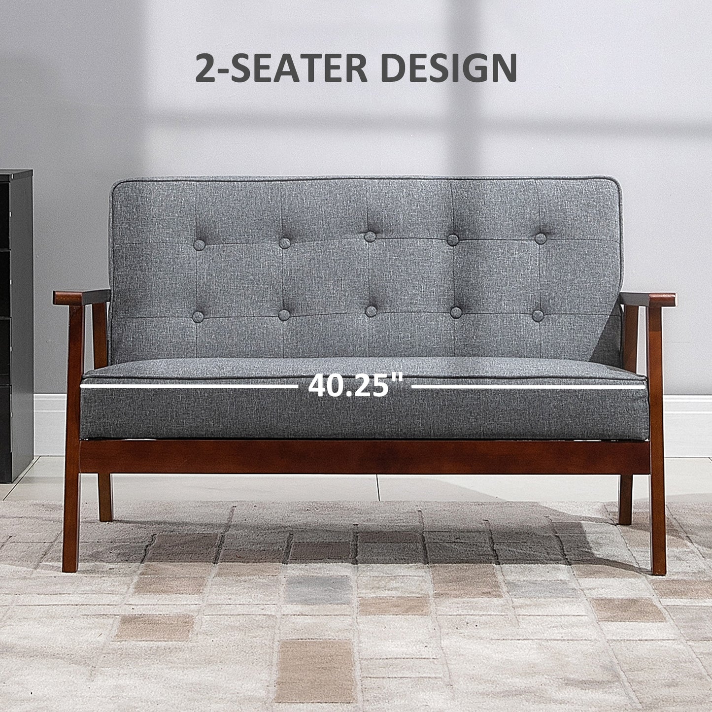 HOMCOM 44.5" 2 Seat Sofa for Bedroom, Modern Upholstered Loveseat with Button Tufted Back and Wood Legs, Grey