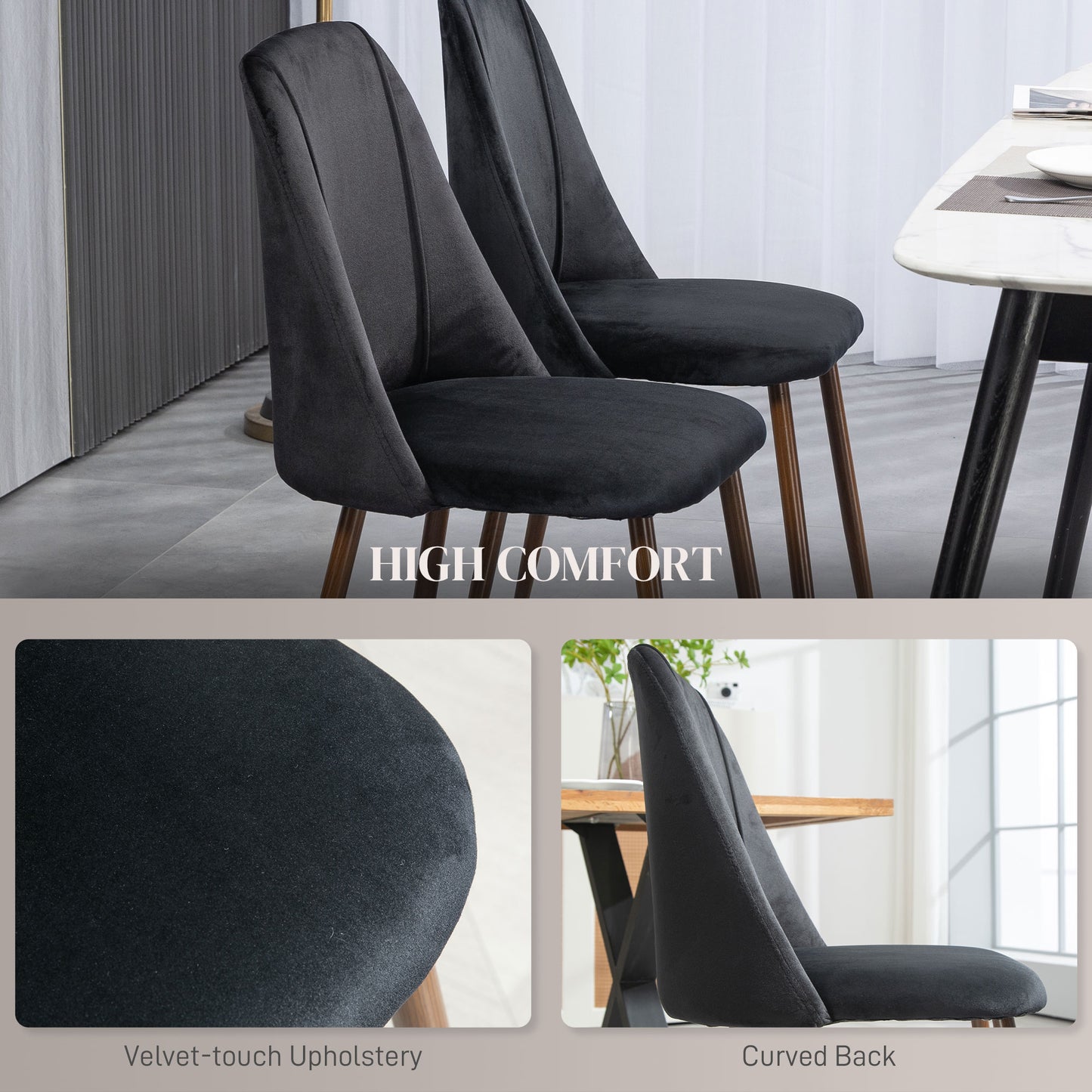 HOMCOM Upholstered Dining Chairs Set of 4, Velvet Accent Chair with Back and Wood-grain Steel Leg for Kitchen, Grey
