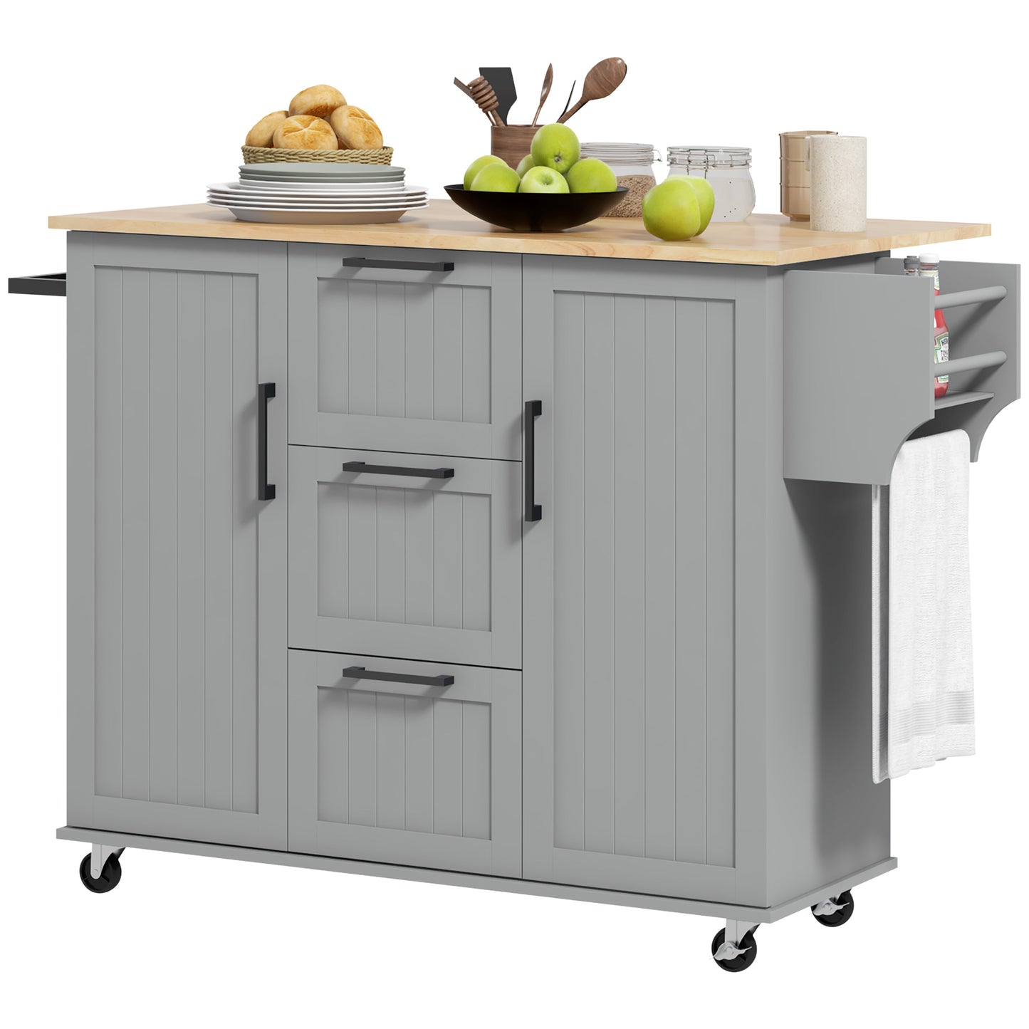 HOMCOM Rolling Kitchen Cart on Wheels with Drop Leaf, Kitchen Island with 3 Drawers, Solid Wood Top and Towel Rack, White