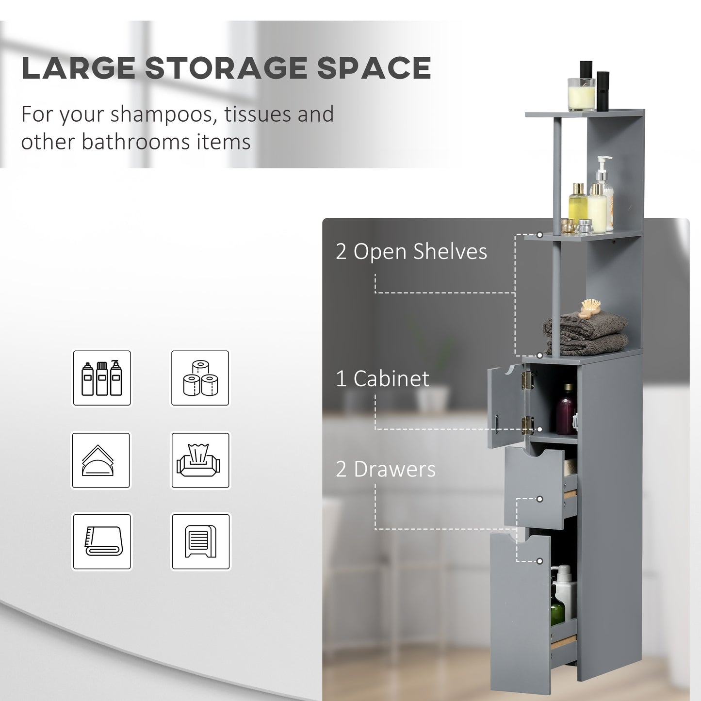 HOMCOM Tall Bathroom Storage Cabinet, Narrow Bathroom Cabinet with Drawers and Open Shelves for Small Spaces, White and Grey