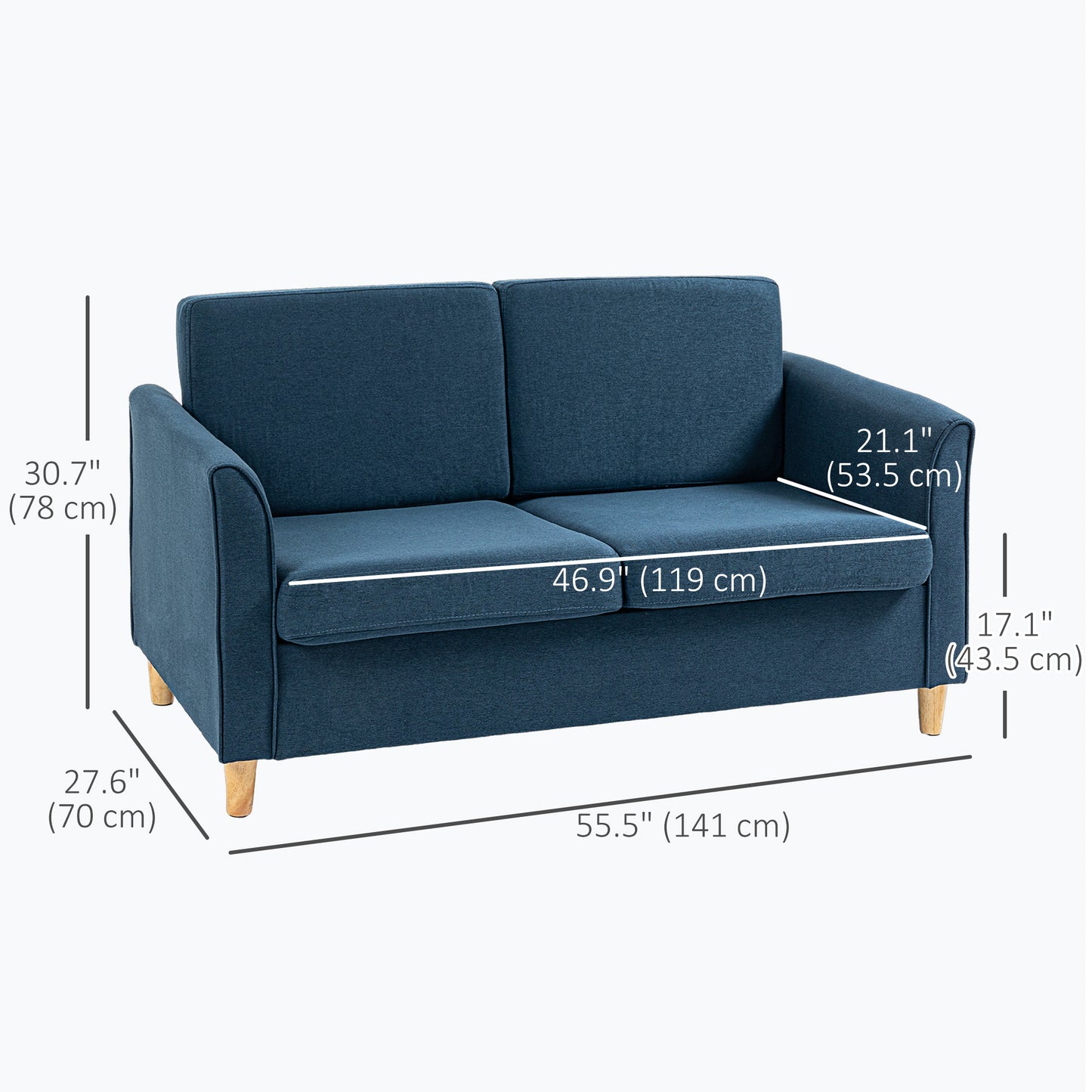 HOMCOM 2-Seat Sofa Two-Seater Couch with Armrests and Wood Legs for Living Room, Bedroom, Dark Grey