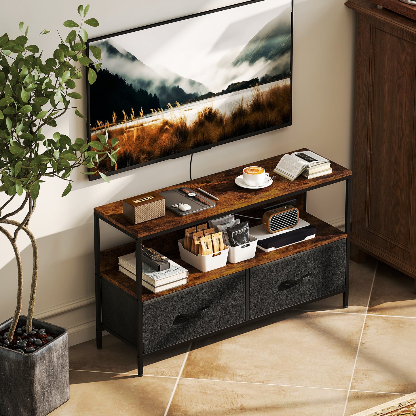 HOMCOM TV Stand with Charging Station, TV Table with 2 Foldable Linen Drawers and Open Shelf for 47 Inch TV, Rustic Brown