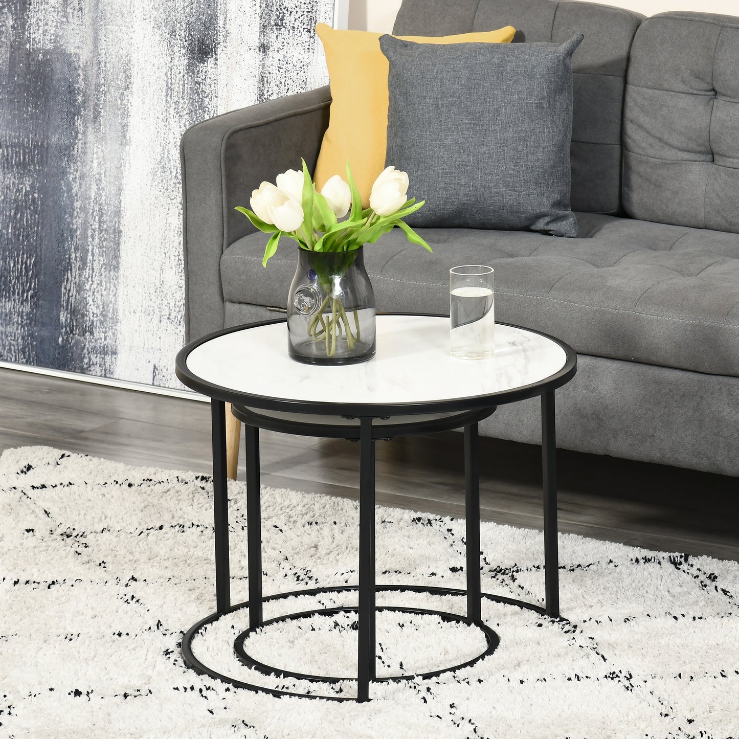 HOMCOM Round Nesting Coffee Table Set of 2, Stacking Modern Accent Tables with Faux Marble Tabletop and Metal Frame for Living Room, Black