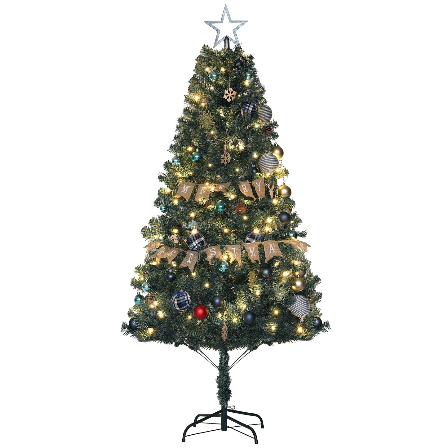 HOMCOM 4FT Pre-Lit Decorated Christmas Tree with Red Berries and Pine Cones Snow Flocked Christmas Tree with LED Lights Green