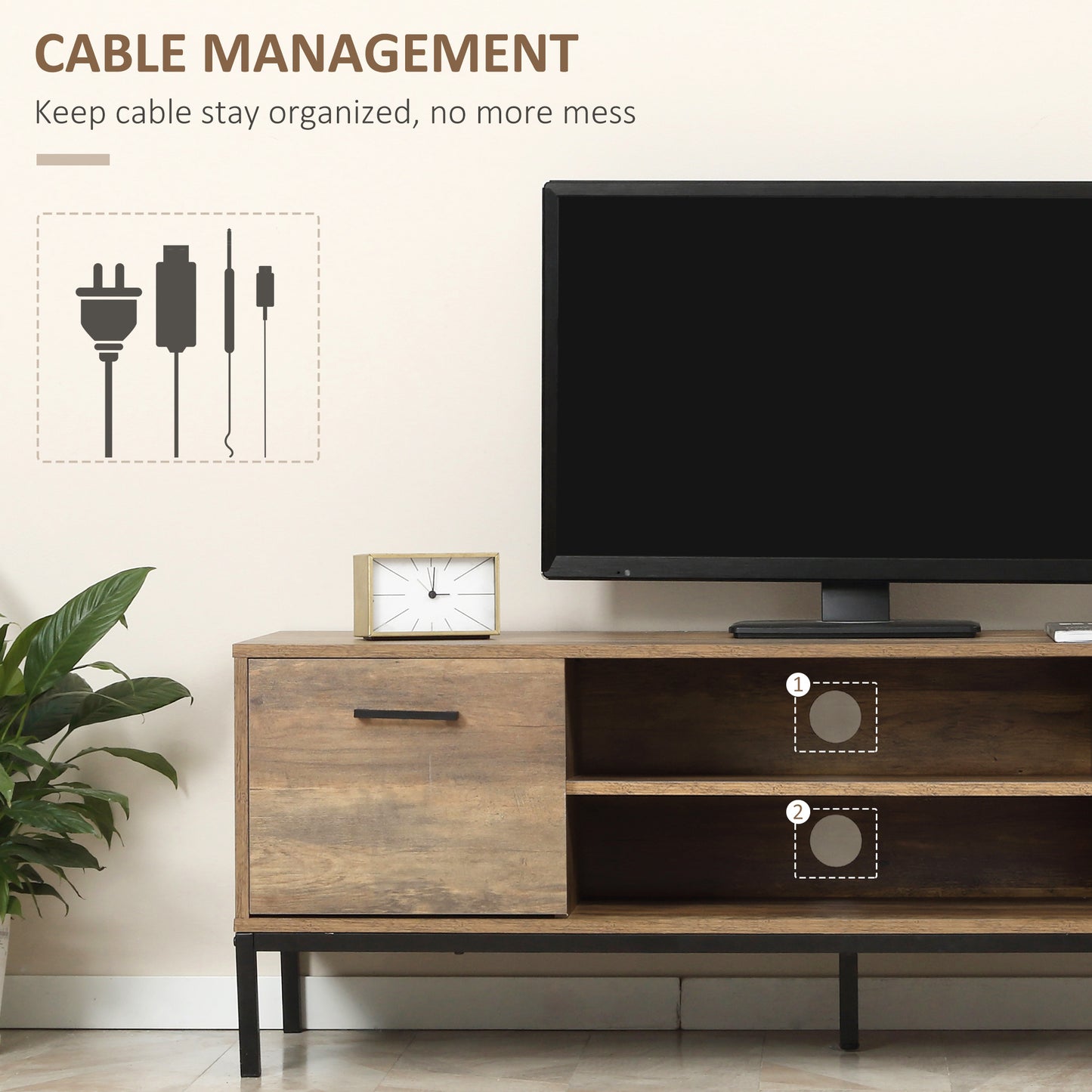 HOMCOM TV Stand for TV up to 50 Inches, TV Cabinet with Door, Open Storage and Drawers, TV Table with Steel Legs, Dark Walunt