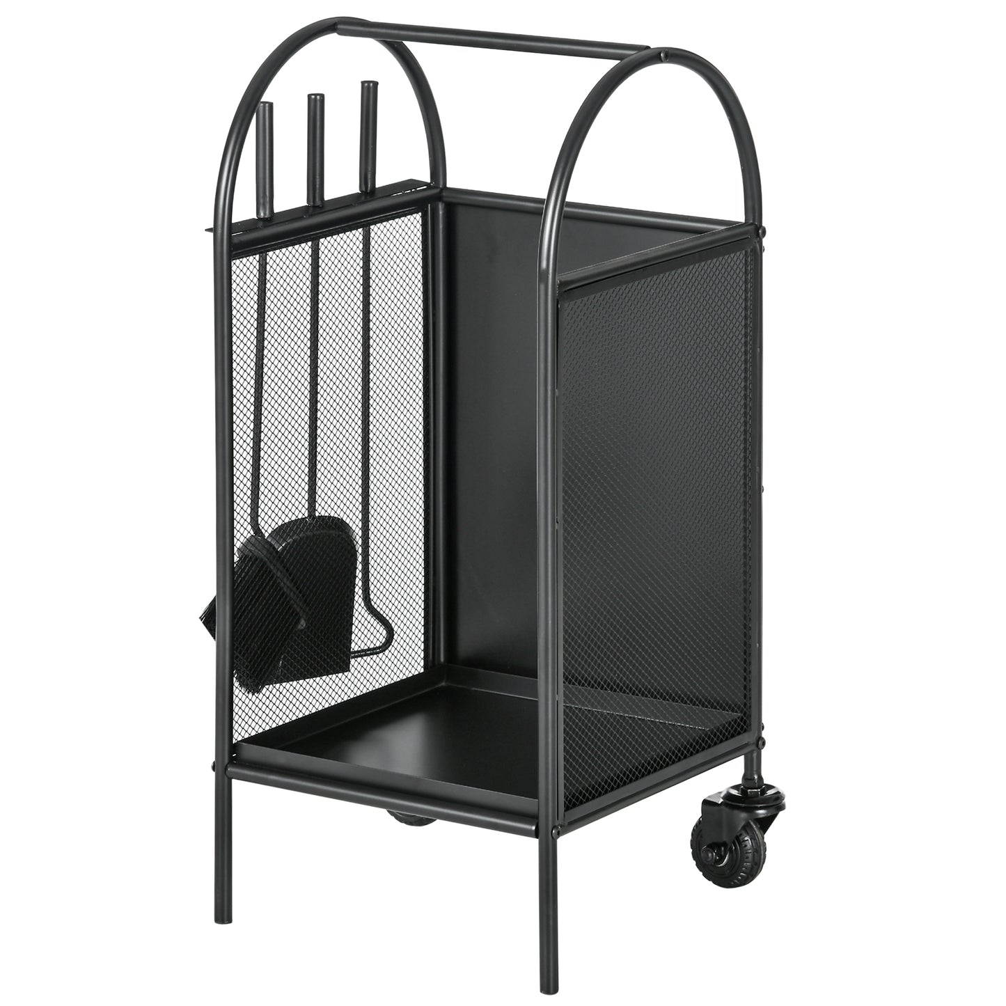 Outsunny 15" Outdoor Firewood Rack with Wheels and Tools, Heavy Duty Wood Storage Stacker, Indoor Outdoor Log Rack, Black