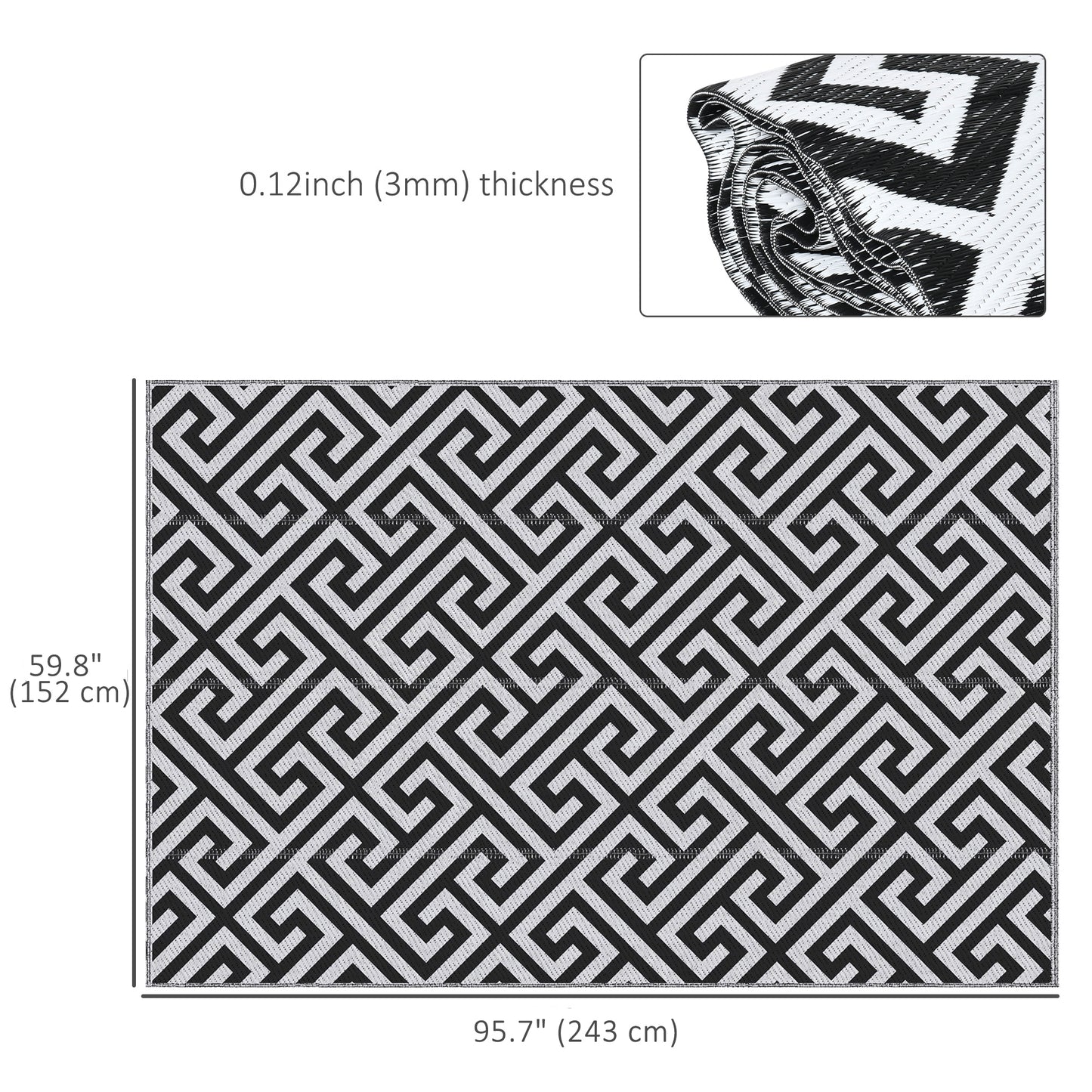Outsunny Reversible Outdoor RV Rug, Patio Floor Mat, 5' x 8' Plastic Straw Rug for Backyard, Deck, Beach, Camping, Black & White