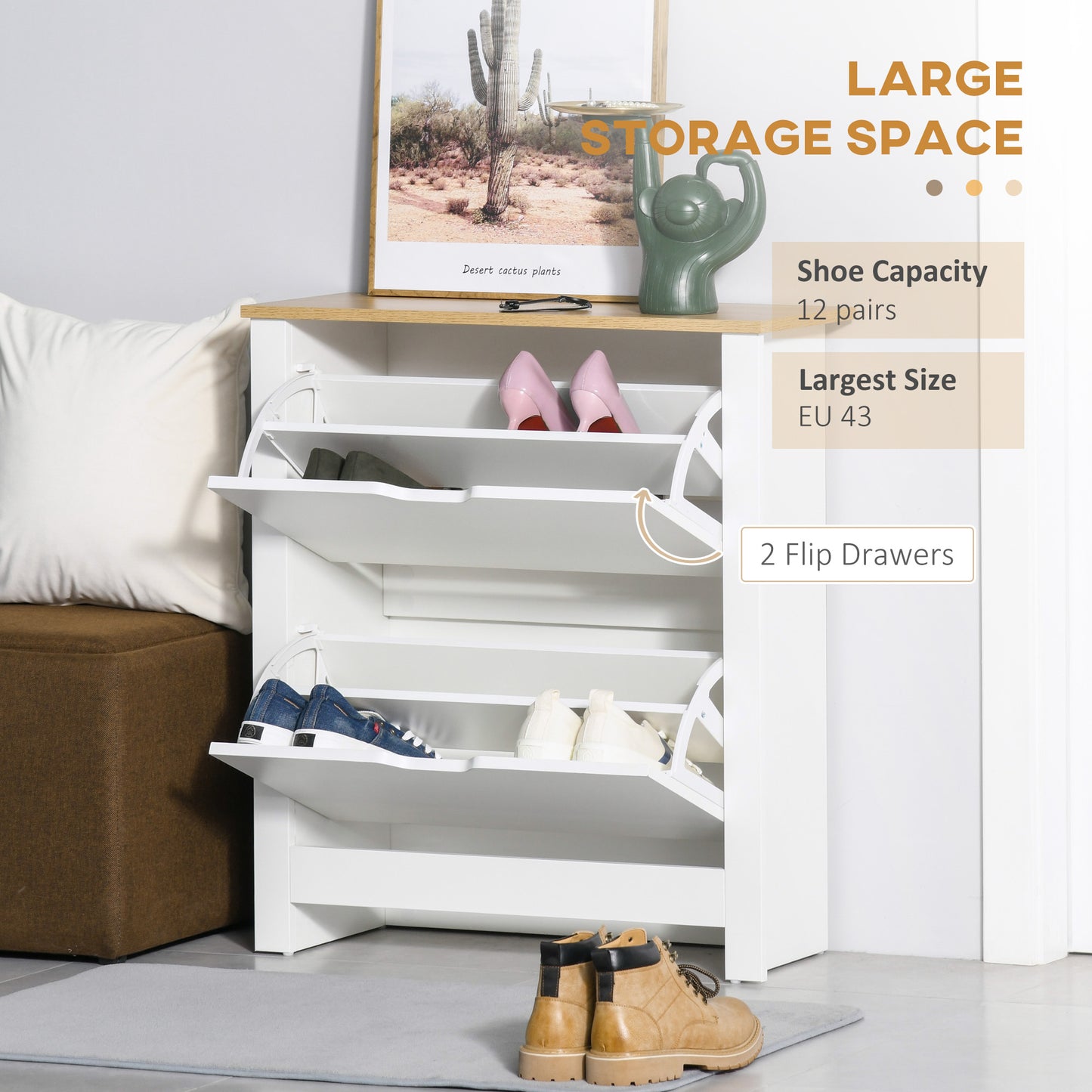 HOMCOM Shoe Storage Cabinet with 2 Flip Drawers and Adjustable Shelves for 6-12 Pairs of Shoes, White