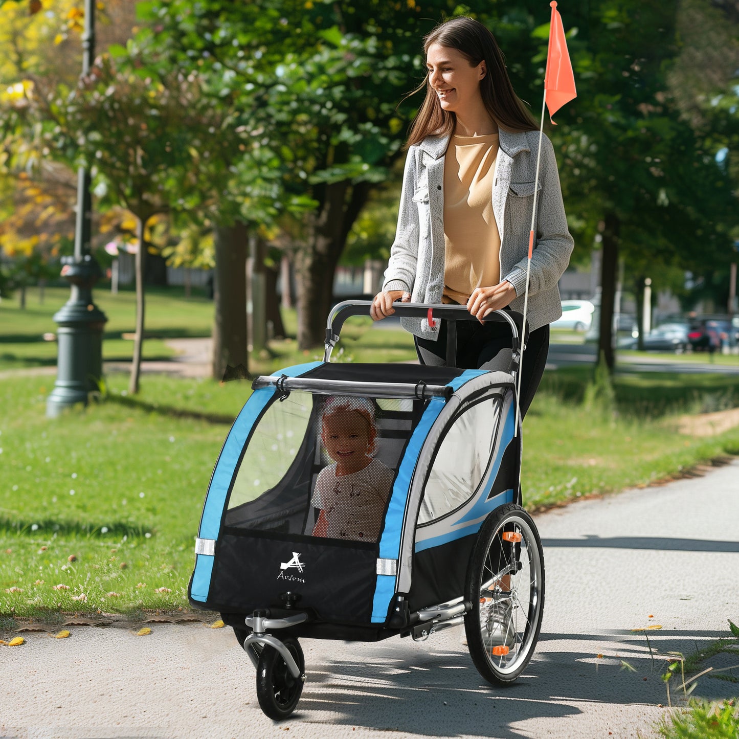 Aosom 2 Seat Bike Trailer for Kids 2-in-1 Double Baby Jogging Stroller with Handbrake, Rubber Wheels, 5 Point Harness, Waterproof Cover, Storage Bag, Reflectors, Yellow