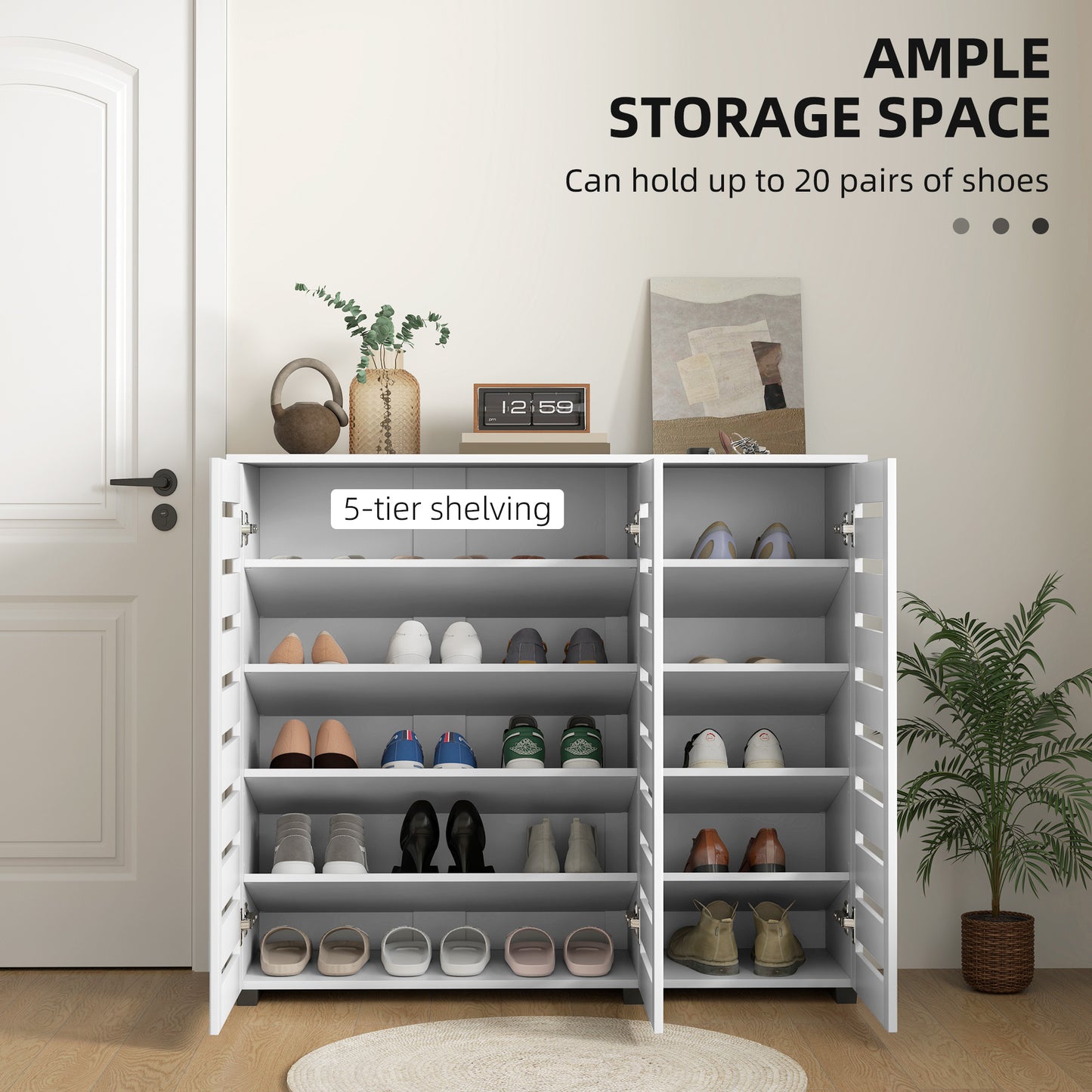 HOMCOM Narrow Shoe Cabinet with Slatted Doors, Adjustable Shelves for 20 Pairs of Shoes, Shoe Cabinet for Entryway, Dark Brown