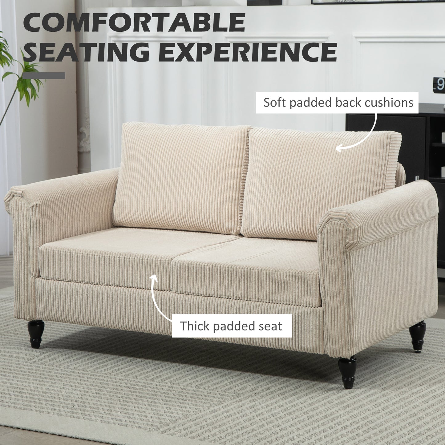 HOMCOM Vintage Loveseat, Upholstered Love Seat Furniture, Chenille-feel Fabric 2 Seater Sofa Couch with Rolled Arms, Gourd-Shaped Rubber Wood Legs for Living Room, Dark Grey